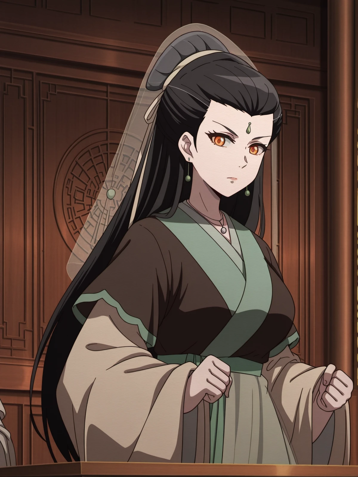 masterpiece, best quality, amazing quality,, <lora:liu-ruyan-ona-illustriousxl-lora-nochekaiser:1>, liu ruyan, long hair, black hair, brown eyes, orange eyes, forehead mark, forehead jewel, half-updo, hair pulled back, hair ribbon, mature female, medium breasts, anime screencap, long sleeves, jewelry, earrings, wide sleeves, necklace, chinese clothes, hanfu, wedding veil,, <lora:kung-fu-illustriousxl-lora-nochekaiser:1>, kung fu, martial arts, training, fighting stance, cowboy shot, courtroom, judge, witness_stand, audience, formality, cowboy shot, solo, looking at viewer,