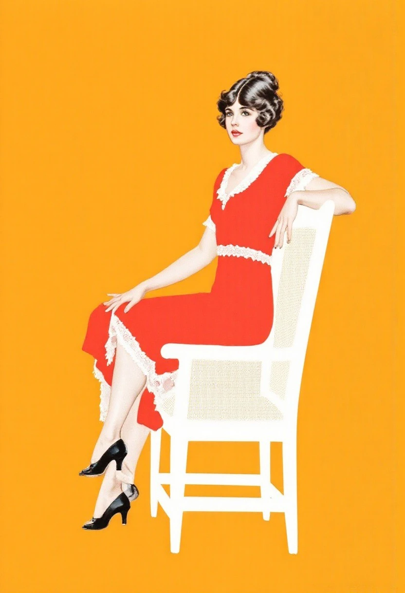 cphillips, A highly stylized vintage-inspired illustration with bold, clean lines and vibrant color contrast. A woman with a slender figure and light skin sits gracefully on a white cane-back chair with a cushioned seat. She wears a striking red knee-length dress adorned with delicate white lace at the hem and sleeves. Her hair is swept up into a soft updo with loose curls framing her face. She wears black high-heeled shoes. The woman’s right hand rests lightly on the back of the chair, while her left leg extends outward, draped over the chair’s armrest, creating a relaxed and elegant pose. The solid bright orange background blends subtly into the contours of the woman’s dress and the chair, creating the signature fadeaway effect of Coles Phillips’ early 20th-century illustrations. The composition is crisp and minimalist, capturing a moment of refined sophistication with modern boldness.