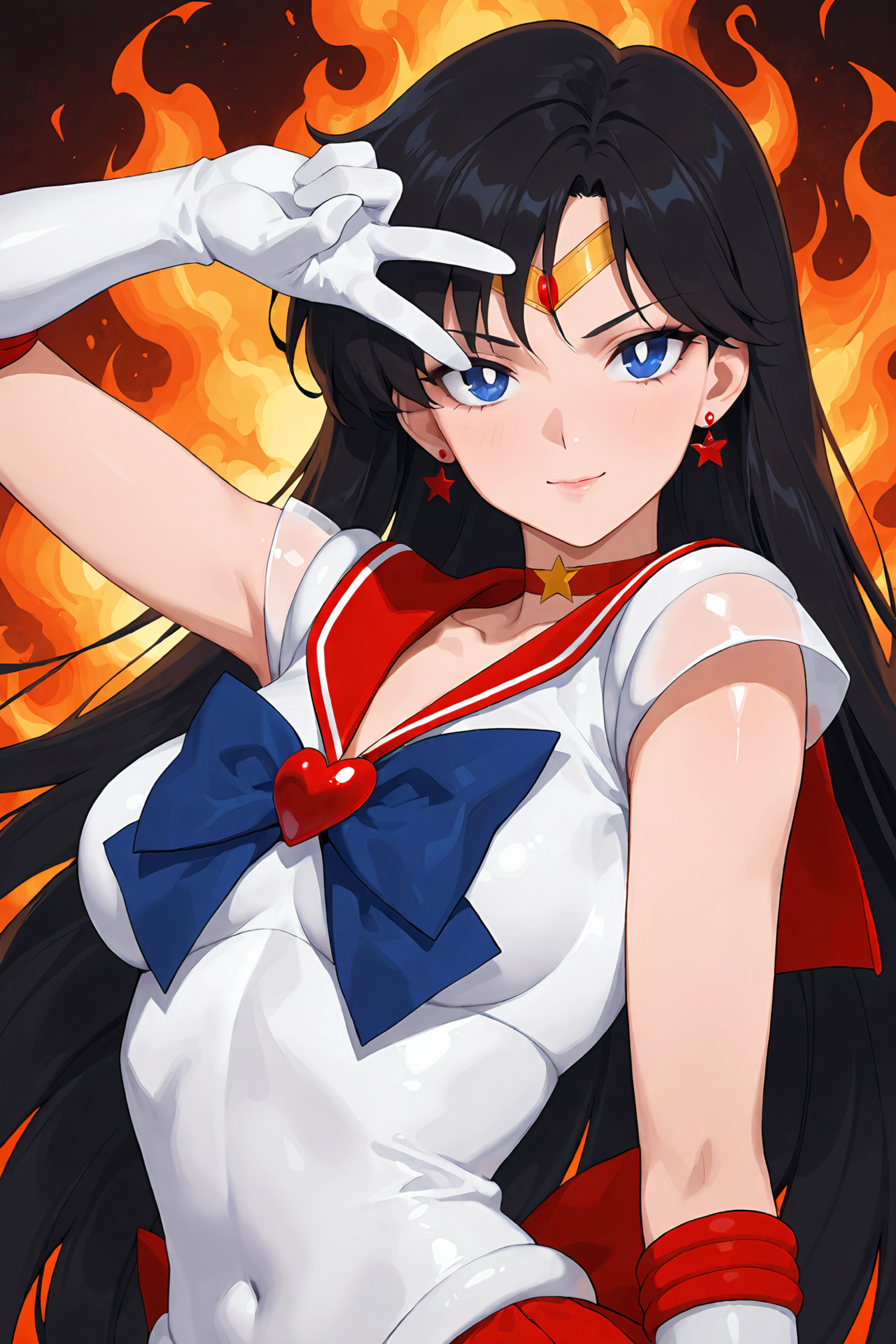 masterpiece, best quality, amazing quality, very aesthetic, absurdres, newest, detailed background, sailor mars, bishoujo senshi sailor moon, black hair, 1girl, solo, sailor v, v over eye, fire background, moonlight