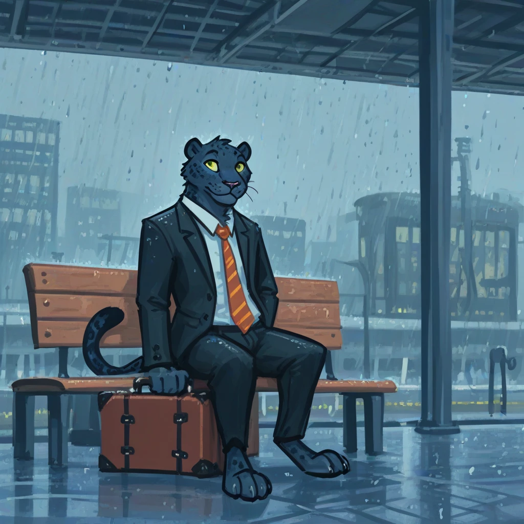 solo, anthro, male, panther, suit, shirt, tie, pants, suitcase, sitting, bench, train station, raining, detailed background, by geck <lora:geck-n19-step00000250:1>