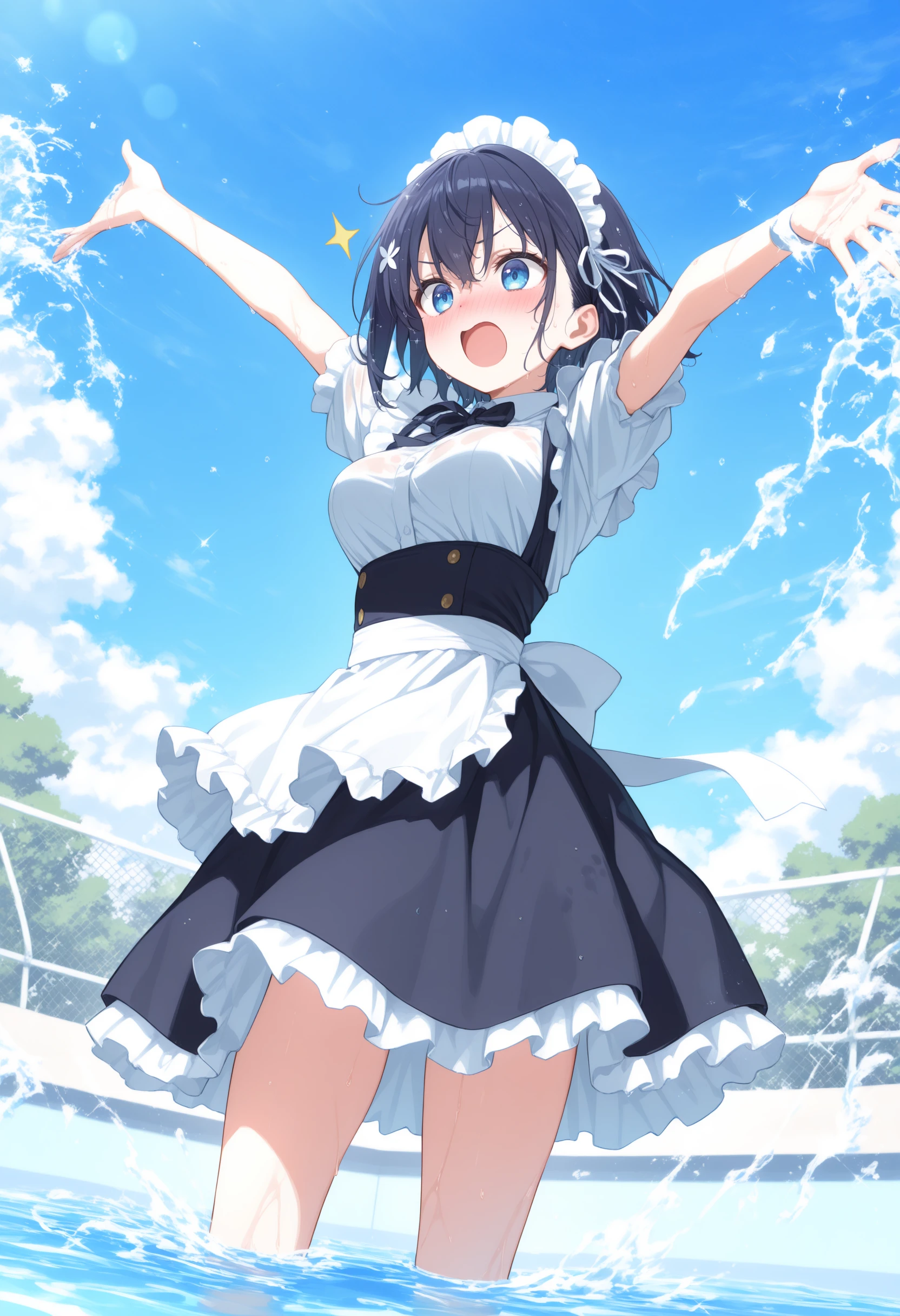 1girl,(sho \(sho lwlw\):0.7),(toosaka asagi:0.5),(sincos:0.3),solo,
masterpiece, best quality, newest, absurdres, CG, anime, source anime, illustration,
maid,maid headdress, medium breasts,
water fight, outstretched arms, water, open mouth, day, splashing, wading, sparkle, pool, lens flare, outdoors, outstretched hand, blue sky,
wet,wet hair, wet clothes,<lora:waterfight_Illust_v1:0.8>
from behind, cinematic angle, looking back, nose blush,