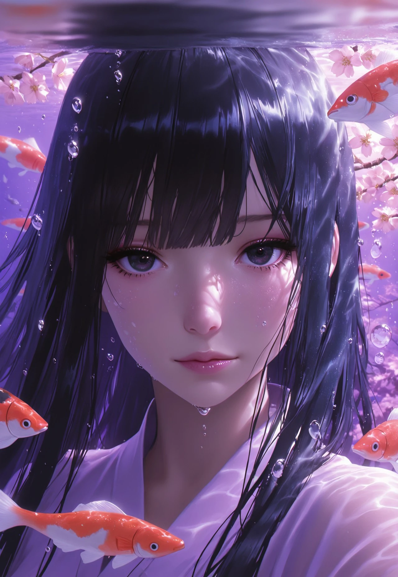 Hype4realistic, NEOST, 1girl, long black hair, bangs, dark eyes, glossy lips, water drops on face, underwater, surrounded by koi fish, cherry blossom branches, pink and purple lighting, detailed, serene expression, looking at the viewer, bubbles in water, dreamy atmosphere, detailed