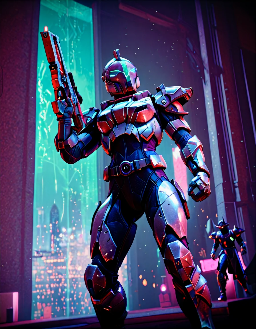 \(destiny_{style}\), destiny \(style\), \(destiny_game\), hunter \(destiny\),high_quality, highres, detailed_eyes, beautiful, detailed, masterpiece, best quality, absurdres, 8k, HDR, \(destiny_style\), destiny \(style\), \(destiny_game\), hunter \(destiny\), BREAK armor, bodysuit, glowing, helmet, robot, mecha, close-up, science fiction, arms at sides, realistic, emblem, cable, shoulder pads, power armor, cyberpunk, hologram, BREAK finger on trigger, space helmet, holding gun, military, bullpup, pauldrons, gauntlets, shoulder armor, armored boots, battle, war, tokusatsu, aiming, city lights, BREAK light particles, depth of field, neon lights, BREAK solo, solo_focus, BREAK bouncy castle, photo background, realistic, photorealistic, 3d,rtx, raytracing, vivid colors, dramatic color, anime_coloring, fine_fabric_emphasis, clean bold lines, masterpiece, stunningly shot, hyperrealism, 8k Sony Alpha α7, ISO1900, cinematic portrait, chiaroscuro, dynamic lighting, BREAK very aesthetic, high resolution, ultra detailed, perfect details, natural light, incredibly_absurdres, exquisite facial features, High definition photos, skindentation, detailed eyes, perfect eyes, photorealistic eyes, perfect skin texture, detailed hair, detailed skin, detailed face, intricate details,<lora:Destiny Style V2:1.0>