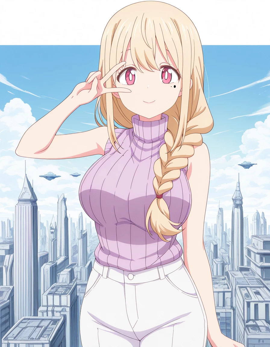 masterpiece, best quality, amazing quality,, <lora:ninkoro-yuriko-s1-illustriousxl-lora-nochekaiser:1>, yuriko, blonde hair, red eyes, braid, pink eyes, mole, mole under eye, single braid, bright pupils, hair over shoulder, white pupils, mature female, breasts, anime screencap, bare shoulders, sleeveless, sweater, turtleneck, ribbed sweater, turtleneck sweater, sleeveless turtleneck, sleeveless sweater, pants, white pants, v, v over eyes,, floating city, sky, futuristic, architecture, clouds, cowboy shot, solo, looking at viewer, <lora:transparent-background-illustriousxl-lora-nochekaiser:1>, transparent background, simple background, white background