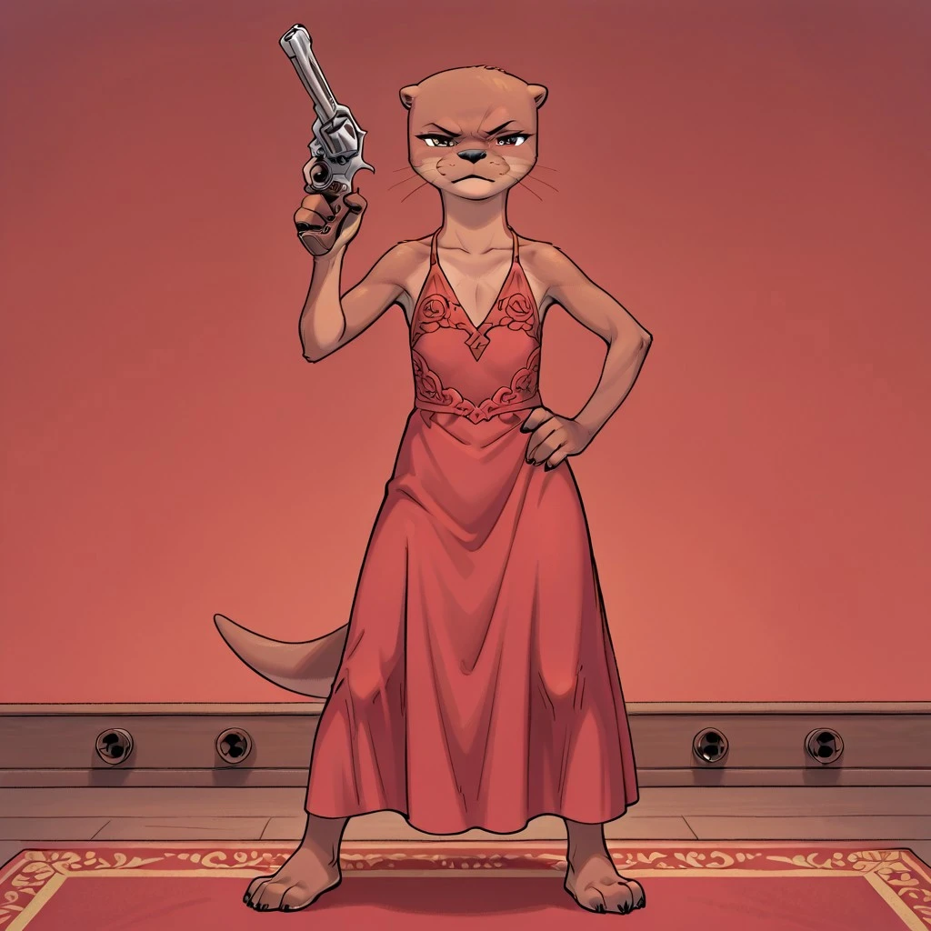 Otta(M), Solo, 1girl, anthro, furry female, otter, otter girl, brown fur, brown eyes, black nose, whiskers, otter tail, flat chested, full body, red evening dress, gunatyou, holding revolver, gun, one hand on hip, standing, annoyed expression, clenched, looking at viewer, bar setting,
