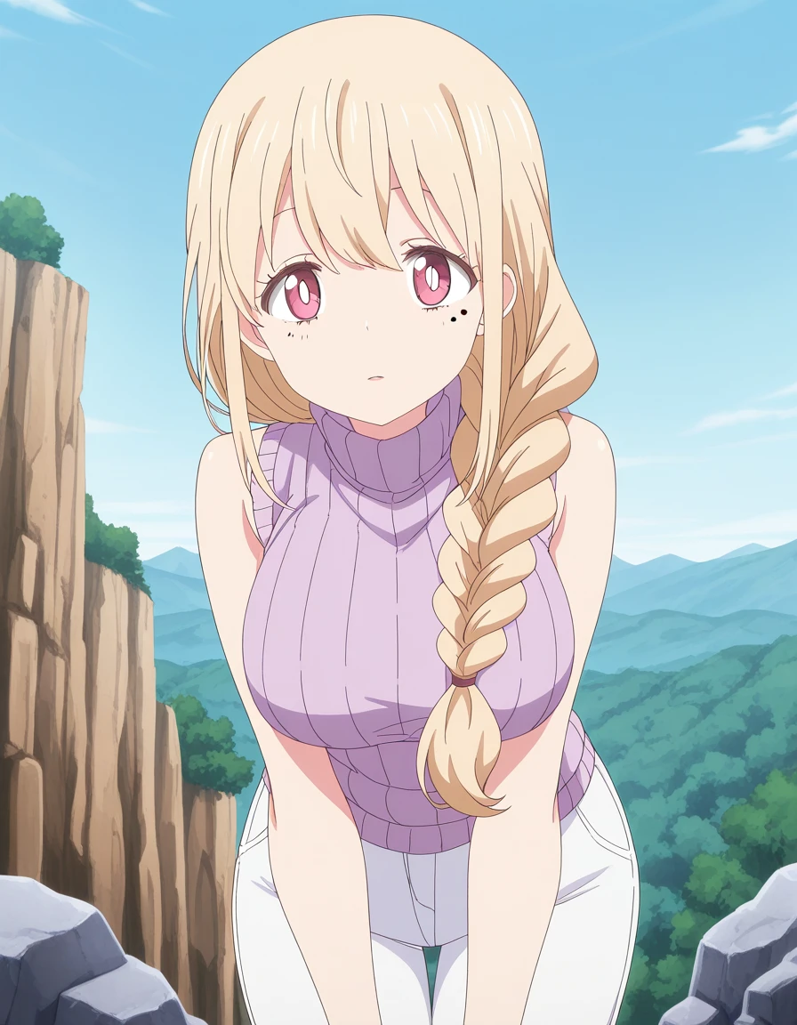 masterpiece, best quality, amazing quality,, <lora:ninkoro-yuriko-s1-illustriousxl-lora-nochekaiser:1>, yuriko, blonde hair, red eyes, braid, pink eyes, mole, mole under eye, single braid, bright pupils, hair over shoulder, white pupils, mature female, breasts, anime screencap, bare shoulders, sleeveless, sweater, turtleneck, ribbed sweater, turtleneck sweater, sleeveless turtleneck, sleeveless sweater, pants, white pants, leaning forward,, cliff, height, rocks, nature, sky, cowboy shot, solo, looking at viewer,