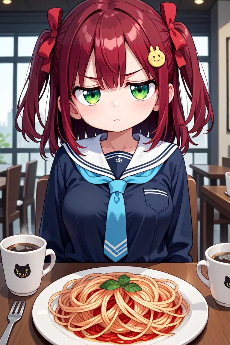 masterpiece, best quality, amazing quality, very aesthetic, absurdres,
cute round face, slender, ultra detailed eyes, ultra detailed hair, ultra beautiful,
1girl, solo,
cowboy shot, from front, angry, closed mouth, looking at viewer,
red ribbon on hair, dark red hair, green eyes, two side up, medium breasts,
sitting, on restaurant, table, pasta on table, coffee on table, white sailor, blue tie on school uniform
<lora:worriedeyes_xl_v10:1>
