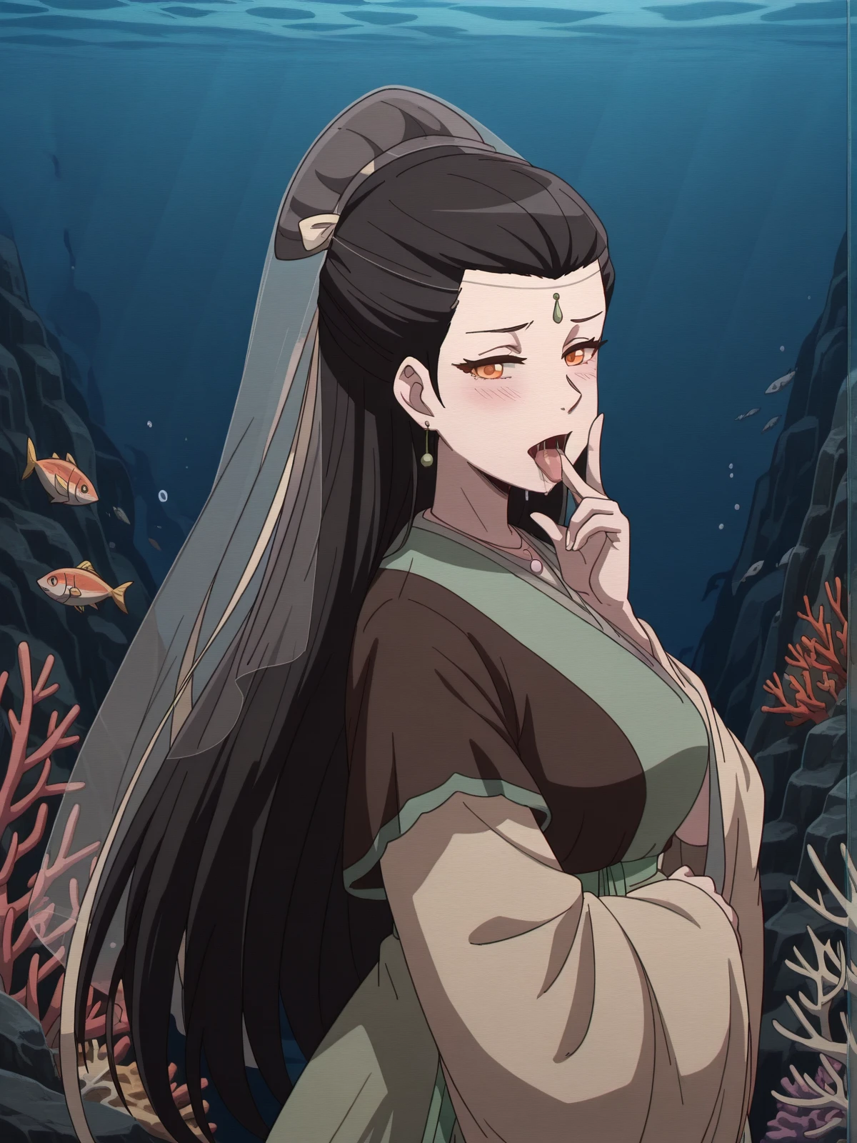 masterpiece, best quality, amazing quality,, <lora:liu-ruyan-ona-illustriousxl-lora-nochekaiser:1>, liu ruyan, long hair, black hair, brown eyes, orange eyes, forehead mark, forehead jewel, half-updo, hair pulled back, hair ribbon, mature female, medium breasts, anime screencap, long sleeves, jewelry, earrings, wide sleeves, necklace, chinese clothes, hanfu, wedding veil,, <lora:cunnilingus-gesture-illustriousxl-lora-nochekaiser:1>, cunnilingus gesture, v over mouth, tongue out, tongue, v, saliva, blush, from side, looking at viewer, torogao, half-closed eyes, upper body, seafloor, coral, fish, underwater, blue, cowboy shot, solo, looking at viewer,