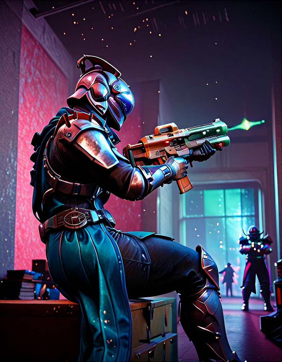\(destiny_{style}\), destiny \(style\), \(destiny_game\), hunter \(destiny\),\(destiny_style\), destiny \(style\), \(destiny_game\), hunter \(destiny\), BREAK finger on trigger, space helmet, holding gun, military, bullpup, pauldrons, gauntlets, shoulder armor, armored boots, battle, war, tokusatsu, aiming, city lights, BREAK light particles, depth of field, neon lights, BREAK sitting, hugging own legs, solo, solo_focus, BREAK storage room, photo background, realistic, photorealistic, 3d,rtx, raytracing,<lora:Destiny Style V2:1.0>