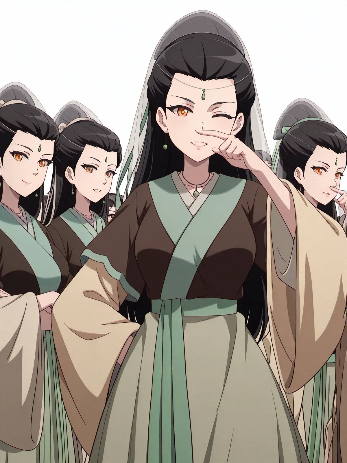 masterpiece, best quality, amazing quality,, <lora:liu-ruyan-ona-illustriousxl-lora-nochekaiser:1>, liu ruyan, long hair, black hair, brown eyes, orange eyes, forehead mark, forehead jewel, half-updo, hair pulled back, hair ribbon, mature female, medium breasts, anime screencap, long sleeves, jewelry, earrings, wide sleeves, necklace, chinese clothes, hanfu, wedding veil,, <lora:rubbing-nose-illustriousxl-lora-nochekaiser:1>, rubbing nose, looking at viewer, smile, one eye closed, hand up, teeth, star (symbol),, mall, shops, people, shopping, big, cowboy shot, solo, looking at viewer, <lora:transparent-background-illustriousxl-lora-nochekaiser:1>, transparent background, simple background, white background