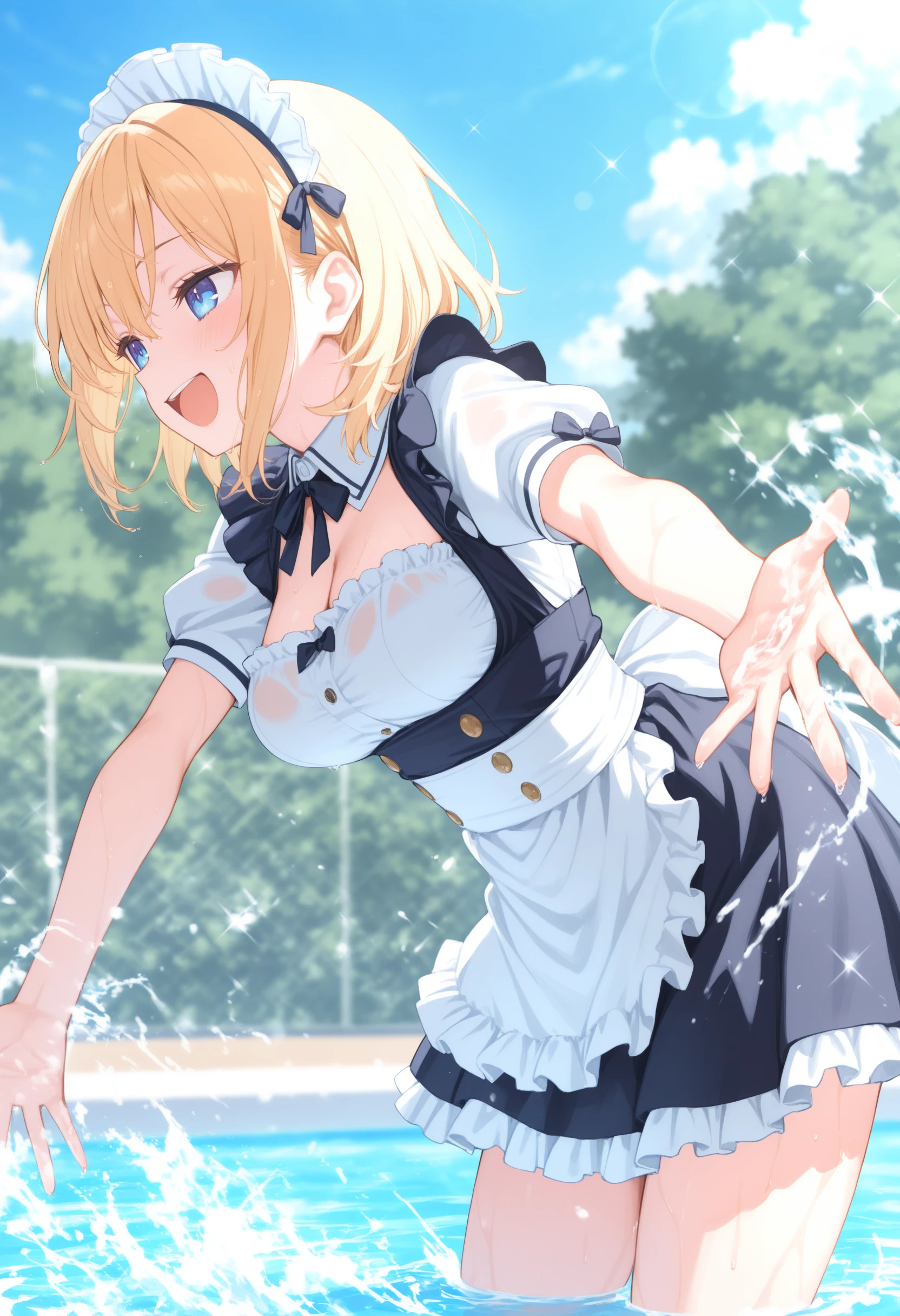 1girl,(sho \(sho lwlw\):0.7),(toosaka asagi:0.5),(sincos:0.3),solo,
masterpiece, best quality, newest, absurdres, CG, anime, source anime, illustration,
maid,maid headdress, medium breasts,
water fight, outstretched arms, water, open mouth, day, splashing, wading, sparkle, pool, lens flare, outdoors, outstretched hand, blue sky,
wet,wet hair, wet clothes,leaning forward, bent over, <lora:waterfight_Illust_v1:0.8>
from side, cowboy shot, looking ahead, blonde hair, blue eyes,seductive smile, open mouth, single hair,,