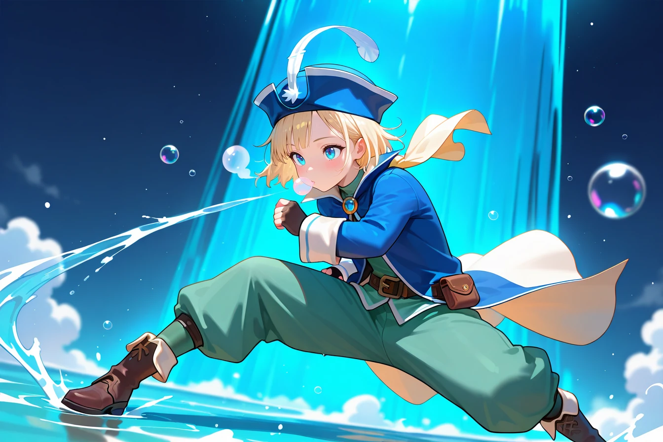 breath attack, water breath,blowing bubbles, powerful water jet shooting from mouth,foam,air bubble, , bubble,swirling water, glowing blue particles, dynamic pose, cinematic lighting, ultra detailed, masterpiece
masterpiece, best quality, amazing quality, newest,1boy,ash blonde_hair,layer cut,blue_eyes, <lora:BluemageV1.0_illustrious:0.8>,bluemage_costume,high collar,green puffy pants,blue coat,bicorne,hat feather, brooch,shoulder cape,capelet ,white cape ,long sleeves,fingerless gloves,belt,belt pouch,brown boots,, masterpiece, best quality, amazing quality, newest,detailed face, beautiful eye