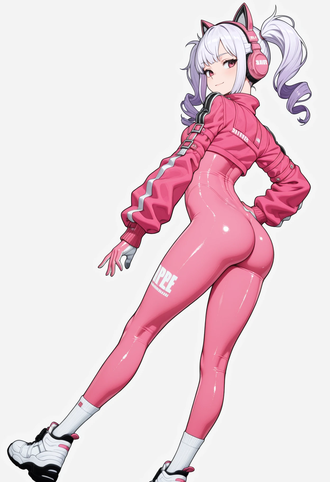 Slender body girl in yellow glossw tight plug suit, pink short hair, masterpiece, white background
