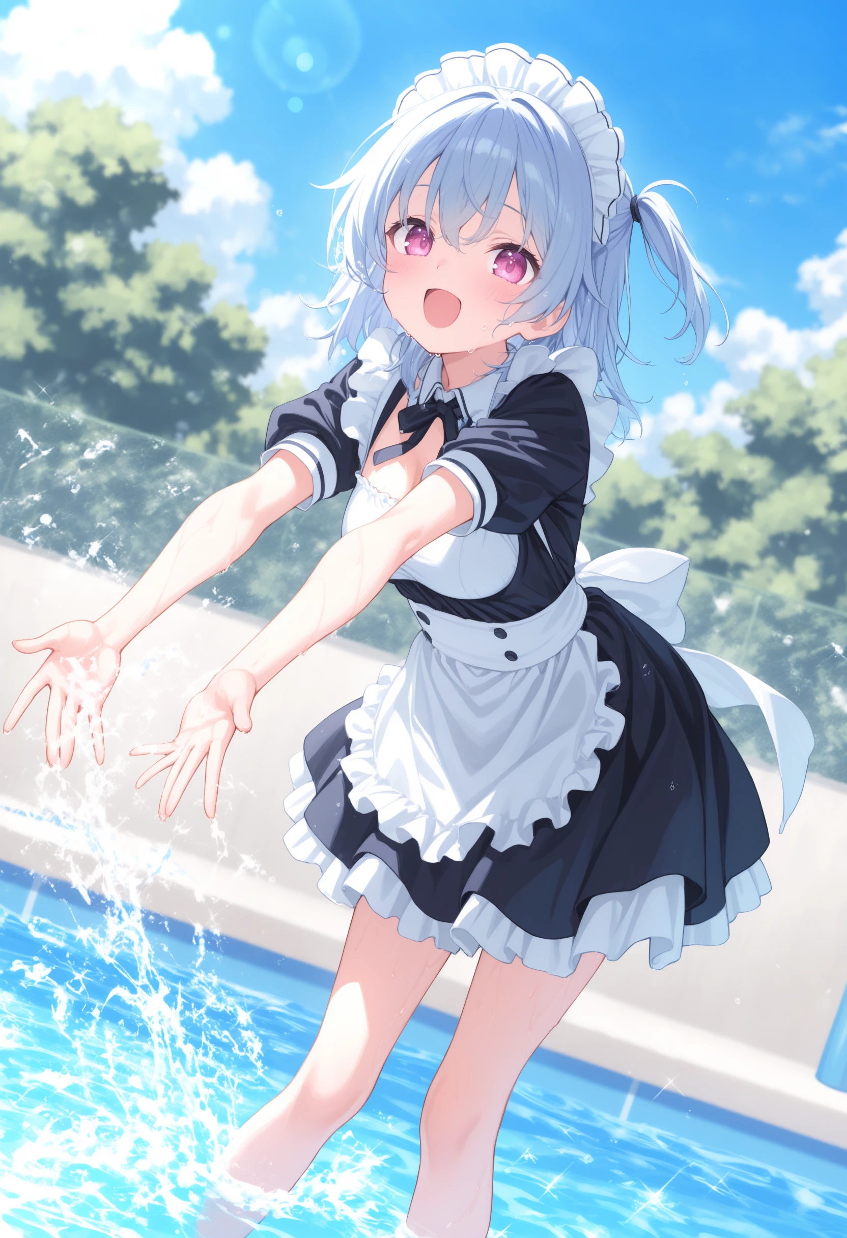 1girl,(sho \(sho lwlw\):0.7),(toosaka asagi:0.5),(sincos:0.3),solo,
masterpiece, best quality, newest, absurdres, CG, anime, source anime, illustration,
maid,maid headdress, medium breasts,
water fight, outstretched arms, water, open mouth, day, splashing, wading, sparkle, pool, lens flare, outdoors, outstretched hand, blue sky,
wet,wet hair, wet clothes,leaning forward, bent over, <lora:waterfight_Illust_v1:0.8>
from side, full body, looking at viewer, blue hair, pink eyes,excited, open mouth, one side up hair,,
