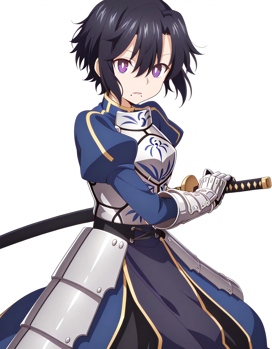masterpiece, best quality, amazing quality,, <lora:ninkoro-kuro-s1-illustriousxl-lora-nochekaiser:1>, kuro, short hair, black hair, hair between eyes, purple eyes, mole, mole under mouth, bright pupils, mature female, breasts, anime screencap, <lora:saber-fate-cosplay-illustriousxl-lora-nochekaiser:1>, saberfatecosplay, saber (fate) (cosplay), armor, armored dress, blue dress, breastplate, dress, gauntlets, juliet sleeves, long sleeves, puffy sleeves,, <lora:battoujutsu-stance-illustriousxl-lora-nochekaiser:1>, battoujutsu stance, looking at viewer, holding, weapon, sword, holding weapon, holding sword, standing, katana, sheath, sheathed, fighting stance, ready to draw, , <lora:transparent-background-illustriousxl-lora-nochekaiser:1>, transparent background, simple background, white background