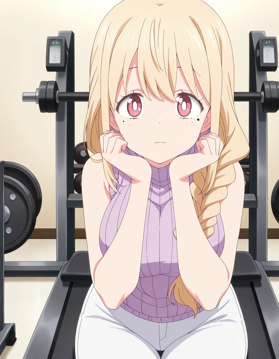 masterpiece, best quality, amazing quality,, <lora:ninkoro-yuriko-s1-illustriousxl-lora-nochekaiser:1>, yuriko, blonde hair, red eyes, braid, pink eyes, mole, mole under eye, single braid, bright pupils, hair over shoulder, white pupils, mature female, breasts, anime screencap, bare shoulders, sleeveless, sweater, turtleneck, ribbed sweater, turtleneck sweater, sleeveless turtleneck, sleeveless sweater, pants, white pants, sitting, head rest, table,, gym, weights, treadmill, mirrors, exercise, cowboy shot, solo, looking at viewer,