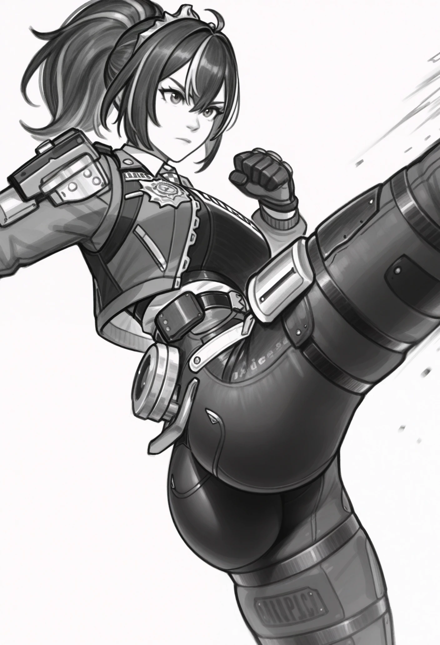 1girl, solo, kicking, ass,
long hair, streaked hair, black hair, ponytail,
police uniform, jacket, cropped jacket, open jacket, police badge, long sleeves, black vest, clothes writing, white shirt, collared shirt, checkered necktie, black gloves, black pants, high-waist pants, black belt,
masterpiece, best quality, <lora:calamari_cakes-guy90-Illust-Lorav1:1>, seklac, monochrome, greyscale, sketch, white background, <lora:zzz_zhuyuan_noobAIXL11EPS:1>, zhyn