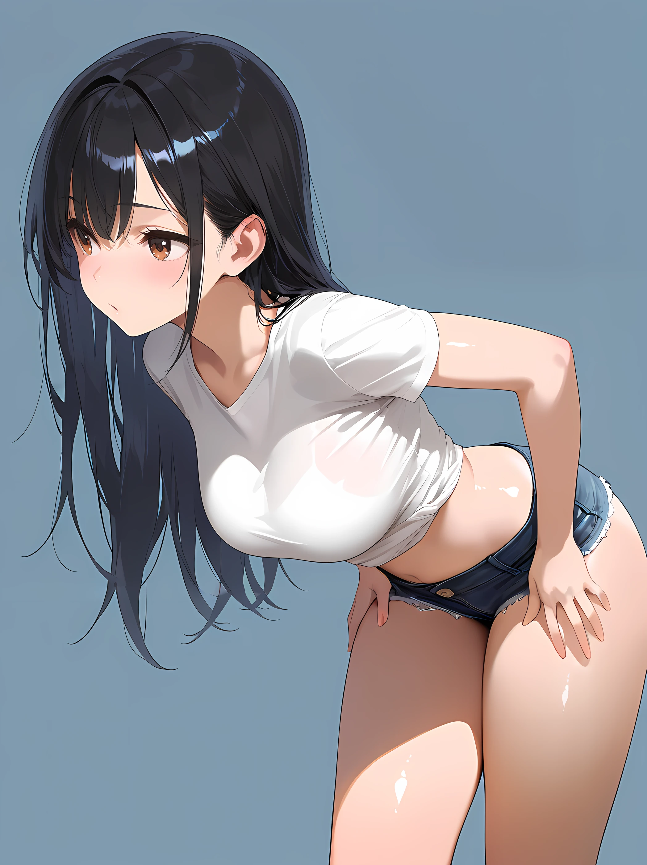 nsfw,1 girl,Solo,(blue hair),black hair,red eyes,long hair,Tsurime,Curvy,best quality, very aesthetic, absurdres,straight,masterpiece, best quality, very aesthetic, absurdres,v arms,Thighs,cowboy shot,Embarrassing, have_to_pee,pantie,illustration