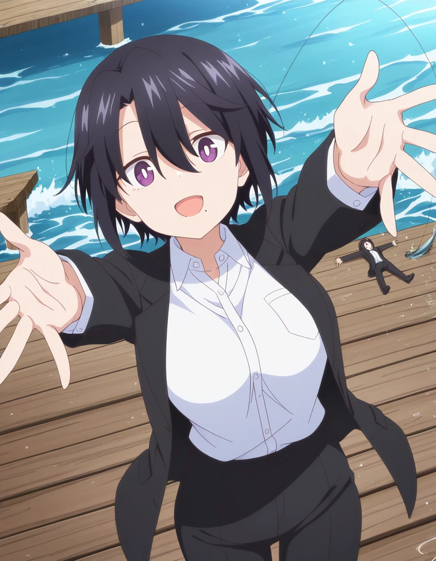 masterpiece, best quality, amazing quality,, <lora:ninkoro-kuro-s1-illustriousxl-lora-nochekaiser:1>, kuro, short hair, black hair, hair between eyes, purple eyes, mole, mole under mouth, bright pupils, mature female, breasts, anime screencap, shirt, long sleeves, jacket, white shirt, collared shirt, black jacket, formal, suit,, on back, arm support, arms up, incoming hug, pov, reaching, reaching towards viewer,, pier, wood, water, fishing, dock, cowboy shot, solo, looking at viewer,