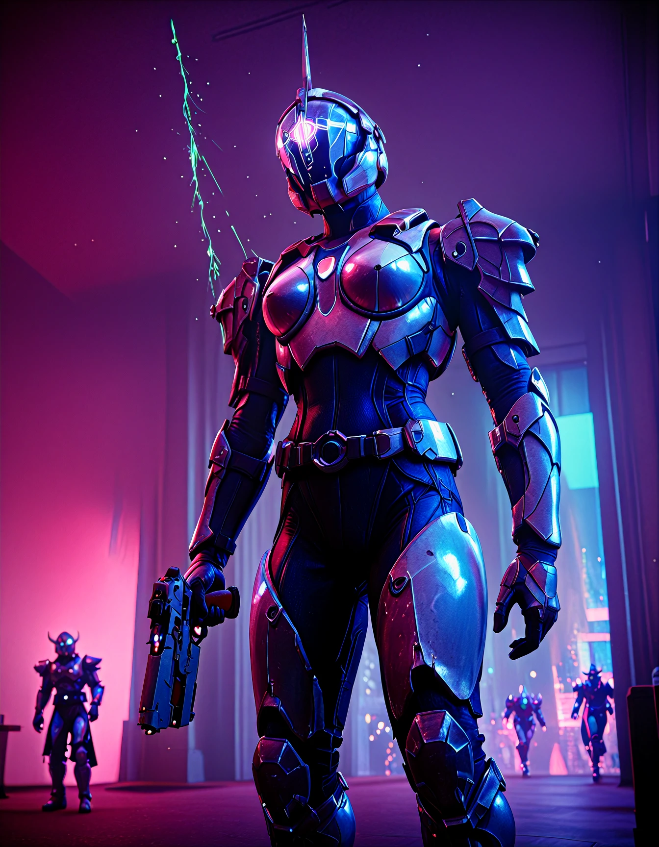 \(destiny_{style}\), destiny \(style\), \(destiny_game\), hunter \(destiny\),high_quality, highres, detailed_eyes, beautiful, detailed, masterpiece, best quality, absurdres, 8k, HDR, \(destiny_style\), destiny \(style\), \(destiny_game\), hunter \(destiny\), BREAK armor, bodysuit, glowing, helmet, robot, mecha, close-up, science fiction, arms at sides, realistic, emblem, cable, shoulder pads, power armor, cyberpunk, hologram, BREAK finger on trigger, space helmet, holding gun, military, bullpup, pauldrons, gauntlets, shoulder armor, armored boots, battle, war, tokusatsu, aiming, city lights, BREAK light particles, depth of field, neon lights, BREAK solo, solo_focus, BREAK dressing room, photo background, realistic, photorealistic, 3d,rtx, raytracing, vivid colors, dramatic color, anime_coloring, fine_fabric_emphasis, clean bold lines, masterpiece, stunningly shot, hyperrealism, 8k Sony Alpha α7, ISO1900, cinematic portrait, chiaroscuro, dynamic lighting, BREAK very aesthetic, high resolution, ultra detailed, perfect details, natural light, incredibly_absurdres, exquisite facial features, High definition photos, skindentation, detailed eyes, perfect eyes, photorealistic eyes, perfect skin texture, detailed hair, detailed skin, detailed face, intricate details,<lora:Destiny Style V2:1.0>