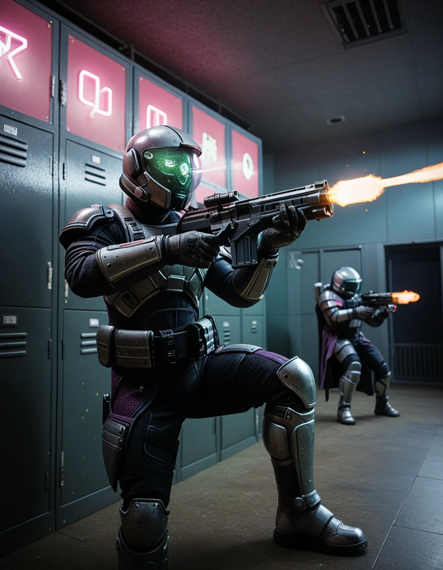 \(destiny_{style}\), destiny \(style\), \(destiny_game\), titan \(destiny\),\(destiny_style\), destiny \(style\), \(destiny_game\), titan \(destiny\), BREAK finger on trigger, space helmet, holding gun, military, bullpup, pauldrons, gauntlets, shoulder armor, armored boots, battle, war, tokusatsu, aiming, city lights, BREAK light particles, depth of field, neon lights, BREAK sitting, on lap, solo, solo_focus, BREAK locker room, photo background,<lora:Destiny Style V2:1.0>