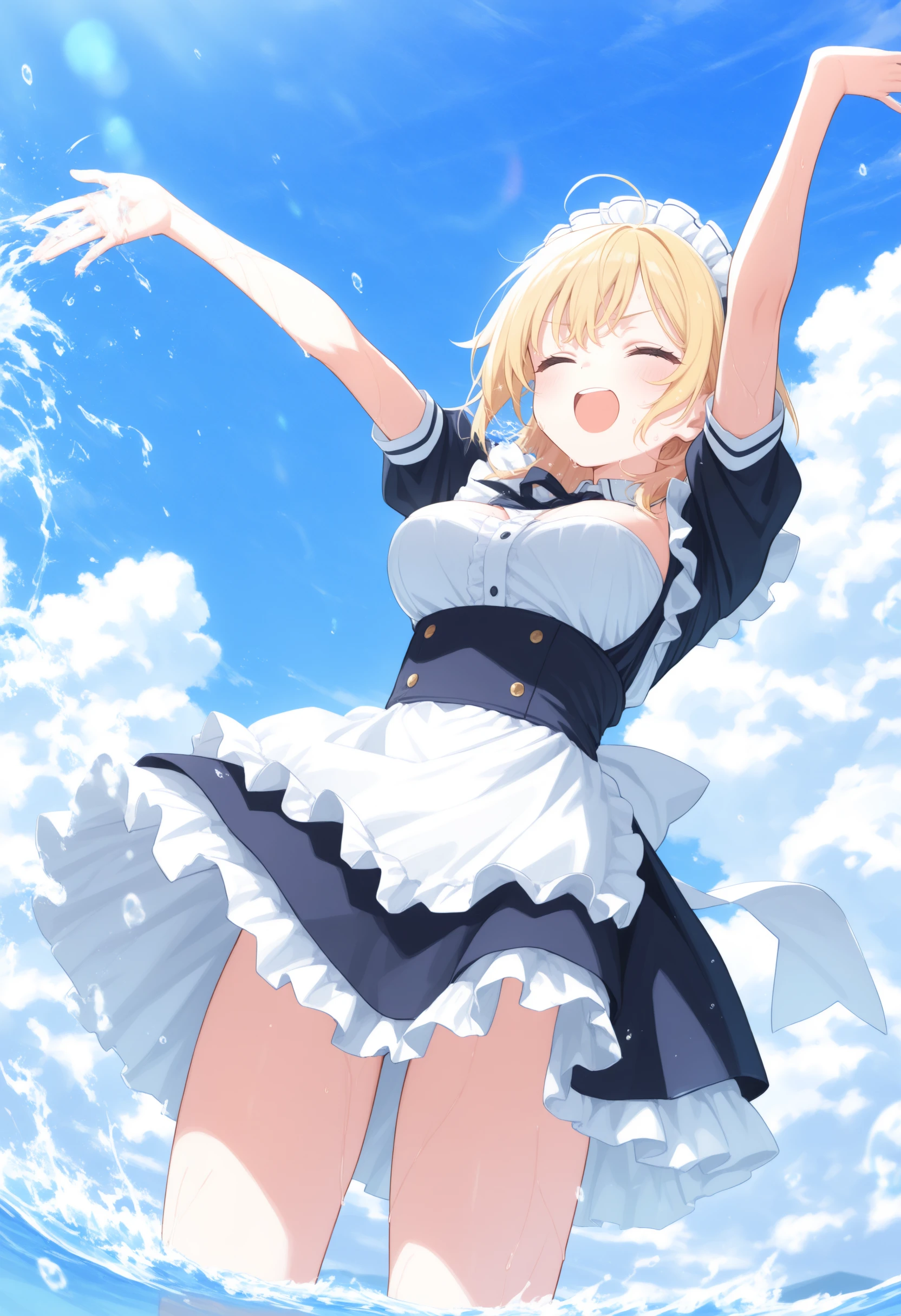 1girl,(sho \(sho lwlw\):0.7),(toosaka asagi:0.5),(sincos:0.3),solo,
masterpiece, best quality, newest, absurdres, CG, anime, source anime, illustration,
maid,maid headdress, medium breasts,
water fight, outstretched arms, water, open mouth, day, splashing, wading, sparkle, ocean, lens flare, outdoors, outstretched hand, blue sky,
wet,wet hair, wet clothes,<lora:waterfight_Illust_v1:0.8>
ceiling, portrait, looking up, one eye closed,
