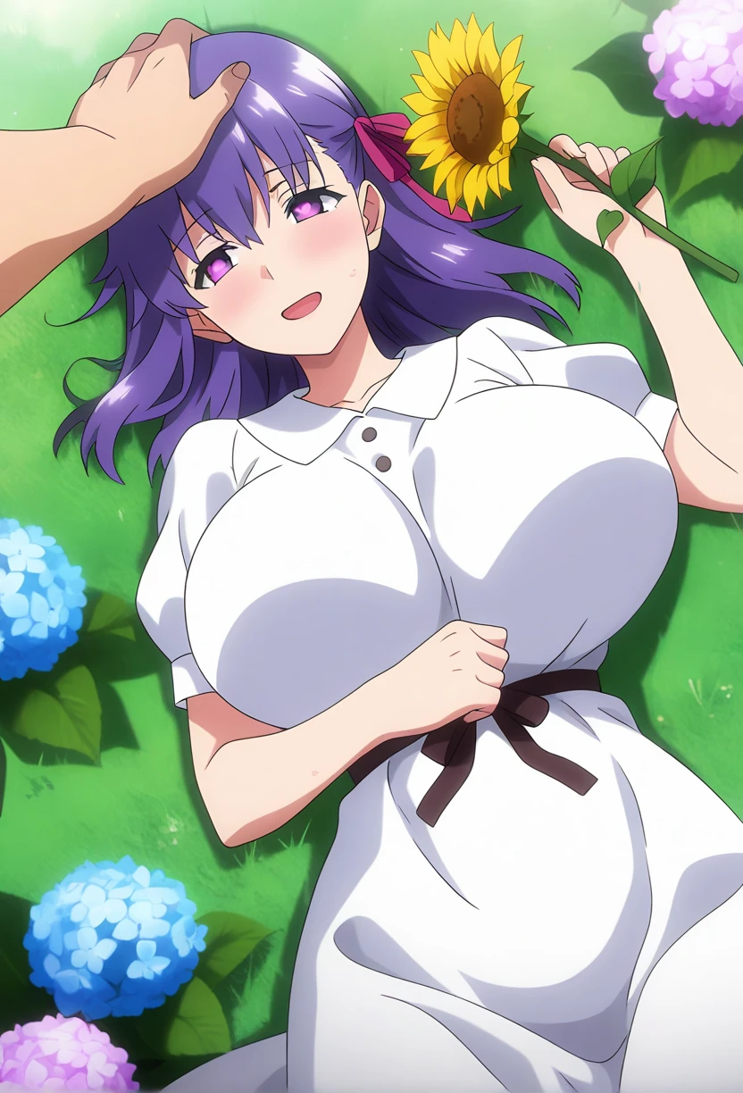 (masterpiece,best quality,ultra_detailed,highres,absurdres:1.2,amazing quality,very aesthetic),<lora:takeda hiromitsu anime style_ilxl_v1-000016:0.8>,matou sakura,1girl,solo,smile,open mouth,disappointed,huge breasts,white dress,on grass,flower,withered,holding flower,sunflower,hydrangea,lying,on back,blush,anime coloring,heart-shaped pupils,headpat,