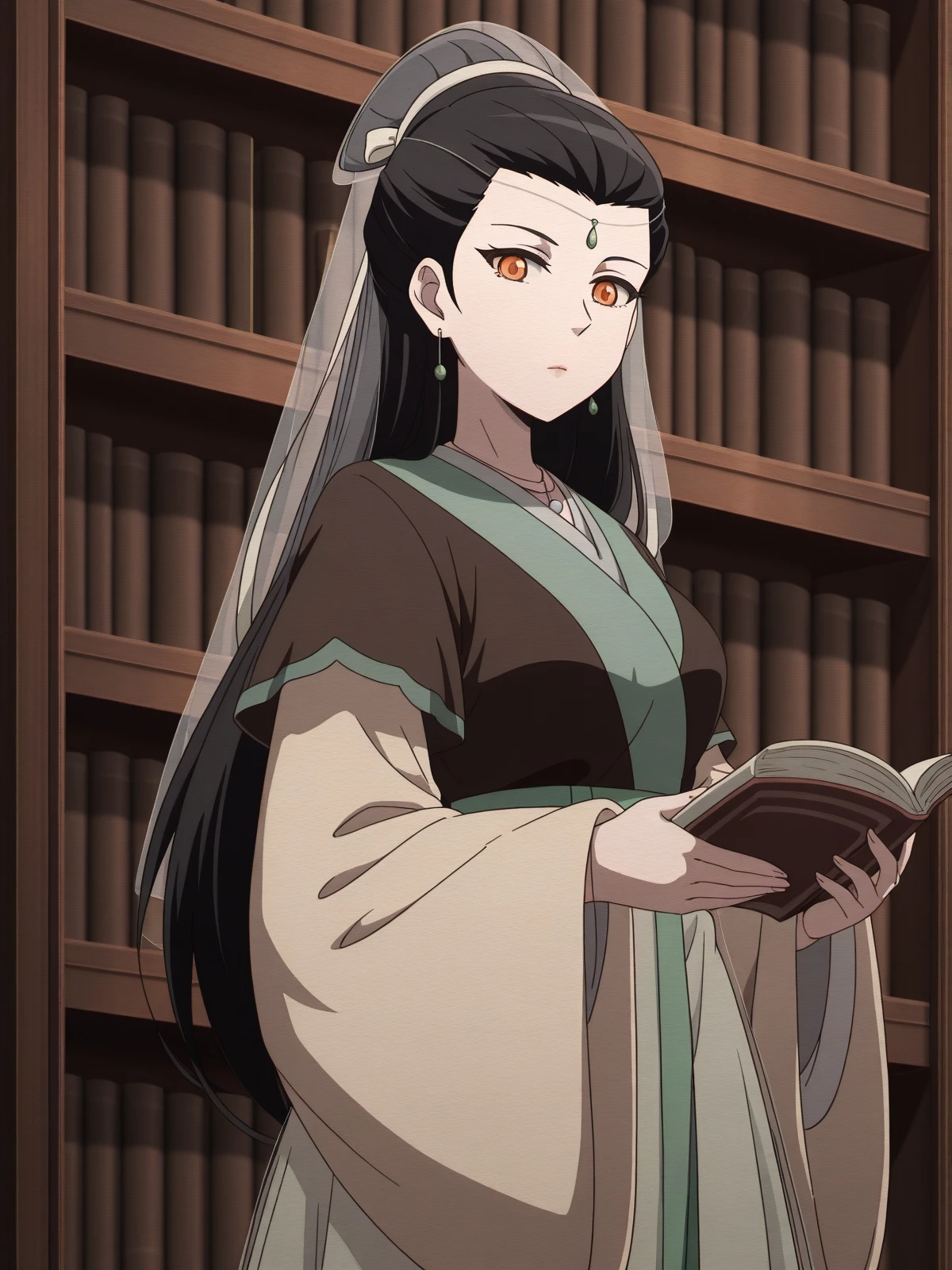 masterpiece, best quality, amazing quality,, <lora:liu-ruyan-ona-illustriousxl-lora-nochekaiser:1>, liu ruyan, long hair, black hair, brown eyes, orange eyes, forehead mark, forehead jewel, half-updo, hair pulled back, hair ribbon, mature female, medium breasts, anime screencap, long sleeves, jewelry, earrings, wide sleeves, necklace, chinese clothes, hanfu, wedding veil,, from below, library, books, shelves, reading, quiet, cowboy shot, solo, looking at viewer, <lora:transparent-background-illustriousxl-lora-nochekaiser:1>, transparent background, simple background, white background