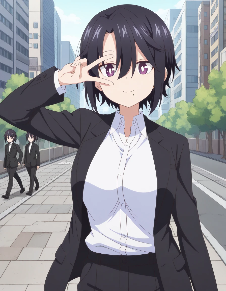 masterpiece, best quality, amazing quality,, <lora:ninkoro-kuro-s1-illustriousxl-lora-nochekaiser:1>, kuro, short hair, black hair, hair between eyes, purple eyes, mole, mole under mouth, bright pupils, mature female, breasts, anime screencap, shirt, long sleeves, jacket, white shirt, collared shirt, black jacket, formal, suit,, v, v over eyes,, sidewalk, pedestrians, city, street, walking, cowboy shot, solo, looking at viewer,