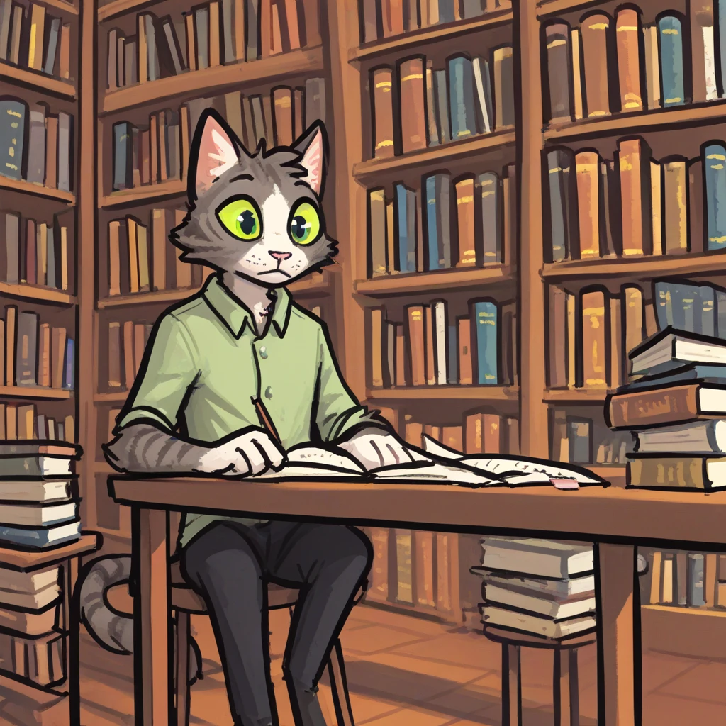 solo, anthro, male, cat, shirt, pants, table, books, library, studying, concentration, detailed background, by geck <lora:geck-n19-step00000250:1>