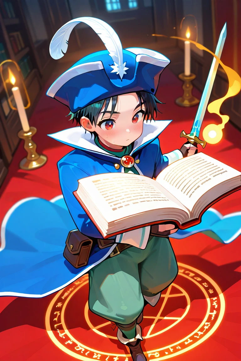 magical laboratory, floating books, glowing magic circle, alchemy equipment, ancient scrolls, focused expression, cinematic lighting, ultra detailed, masterpiece
masterpiece, best quality, amazing quality, newest,1boy,black_hair,pompadour,ruby_eyes, <lora:BluemageV1.0_illustrious:1>,bluemage_costume,high collar,green puffy pants,blue coat,bicorne,hat feather, brooch,shoulder cape,capelet ,white cape ,long sleeves,fingerless gloves,belt,belt pouch,brown boots, holding sword, sword