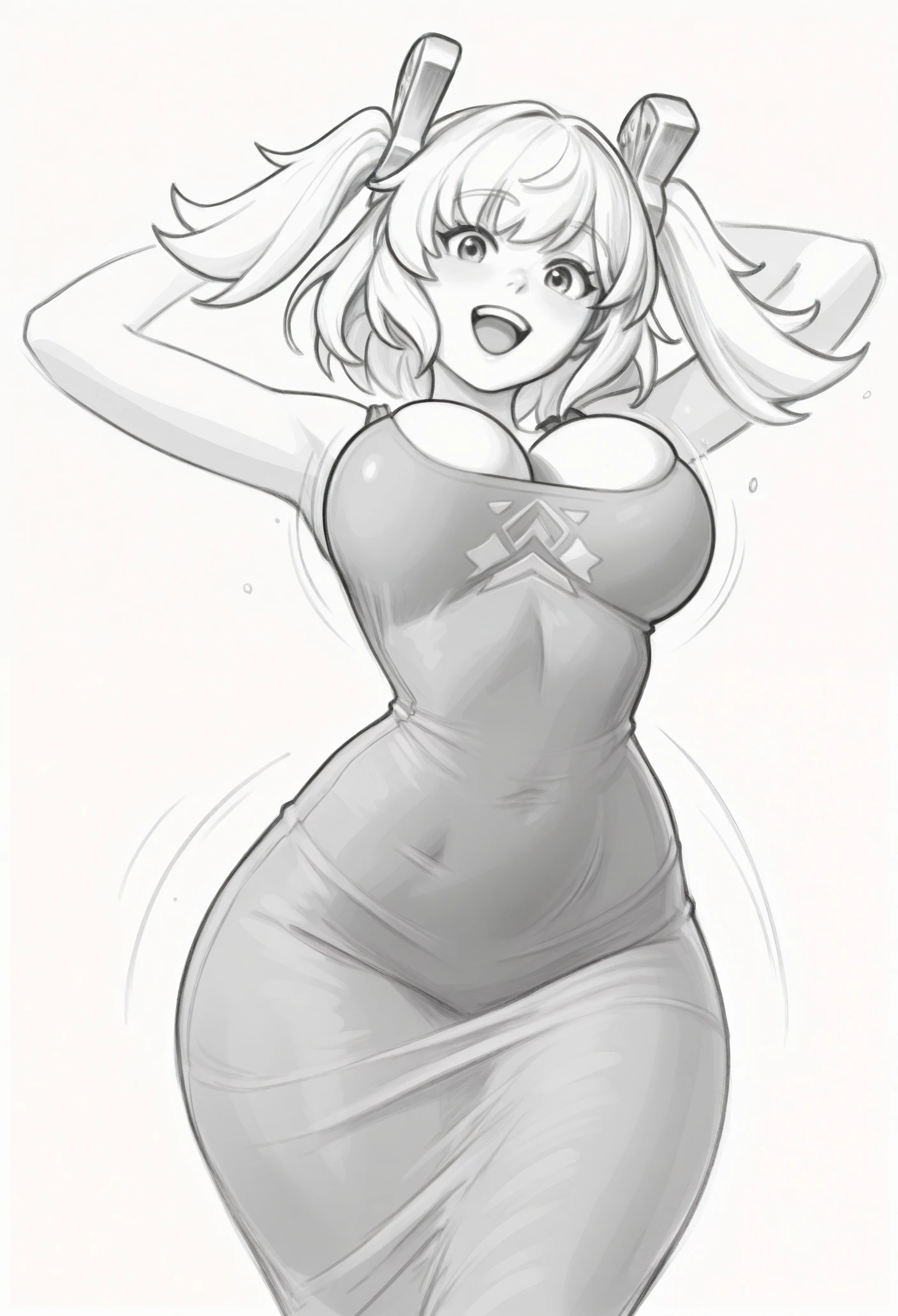 1girl, solo, happy, open mouth, large breasts, grey dress, wide hips, sleeveless dress, dancing, bouncing breasts, taut dress, cleavage, looking at viewer,
masterpiece, best quality, <lora:calamari_cakes-guy90-Illust-Lorav1:1>, seklac, monochrome, greyscale, sketch, white background, <lora:Hoseki_ZenlessZoneZero_BurniceWhite_IllustriousXL_v1:1>, brncwht, white hair, medium hair, two side up, hair ornament