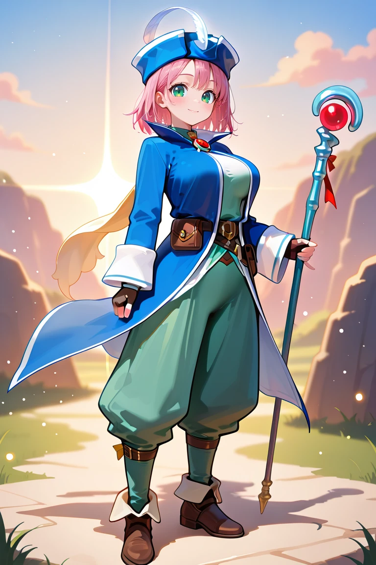 full body, standing, looking at viewer, confident smile, fantasy sky, glowing particles, soft light
masterpiece, best quality, amazing quality, newest,1girl, <lora:BluemageV1.0_illustrious:1.0>,bluemage_costume,high collar,green puffy pants,blue coat,bicorne,hat feather, brooch,shoulder cape,capelet ,white cape ,long sleeves,fingerless gloves,belt,belt pouch,brown boots,holding wand,wand,staff,holding staff, <lora:fflenna-illu-nvwls-v1:1>,lennact, pink hair, green eyes, medium hair, large breasts,
