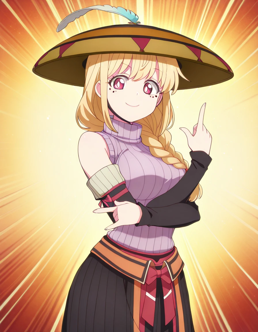 masterpiece, best quality, amazing quality,, <lora:ninkoro-yuriko-s1-illustriousxl-lora-nochekaiser:1>, yuriko, blonde hair, red eyes, braid, pink eyes, mole, mole under eye, single braid, bright pupils, hair over shoulder, white pupils, mature female, breasts, anime screencap, <lora:yukumo-armor-illustriousxl-lora-nochekaiser:1>, yukumo armor, yukumo (armor), hat, feather, bare shoulders, chin strap, detached sleeves, hakama, hakama skirt, hat feather, japanese clothes, ribbed sweater, skirt, sleeveless, sleeveless turtleneck, sweater, turtleneck,, <lora:kakyoin-noriakis-pose-illustriousxl-lora-nochekaiser:1>, kakyoin noriakis pose, kakyoin noriaki's pose (jojo), jojo pose, m/, pointing up, hands up, looking at viewer, smile, cowboy shot, ,