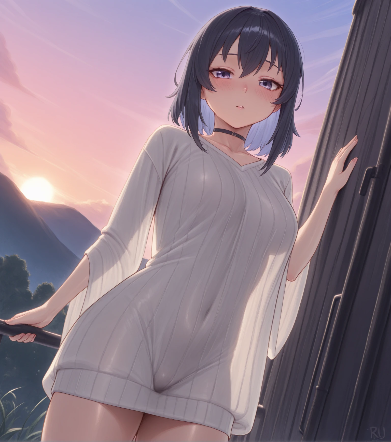 masterpiece, Highest quality, night, outside, One Girl, White shirt, Transparent nipples, Short trousers, Put your hand in and grope your crotch, Super detailed