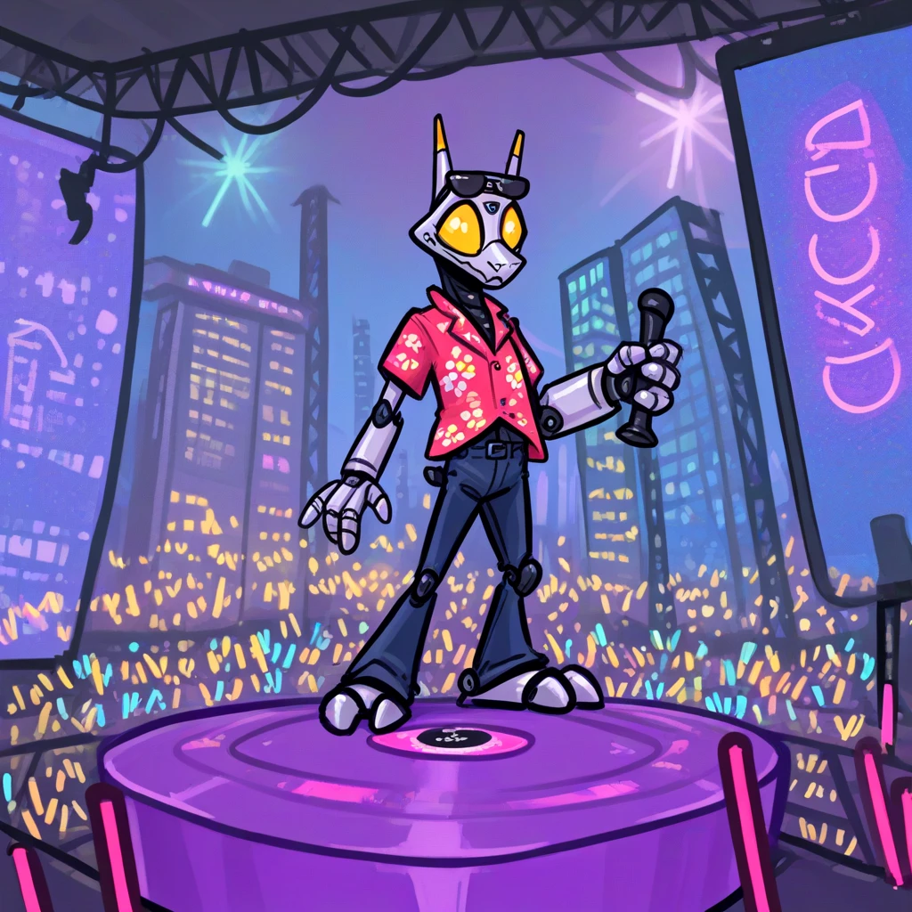 solo, anthro, male, robot, hawaiian shirt, pants, disc jockey, sunglasses on head, club, dimly lit, glowsticks, detailed background, by geck <lora:geck-n19-step00000250:1>