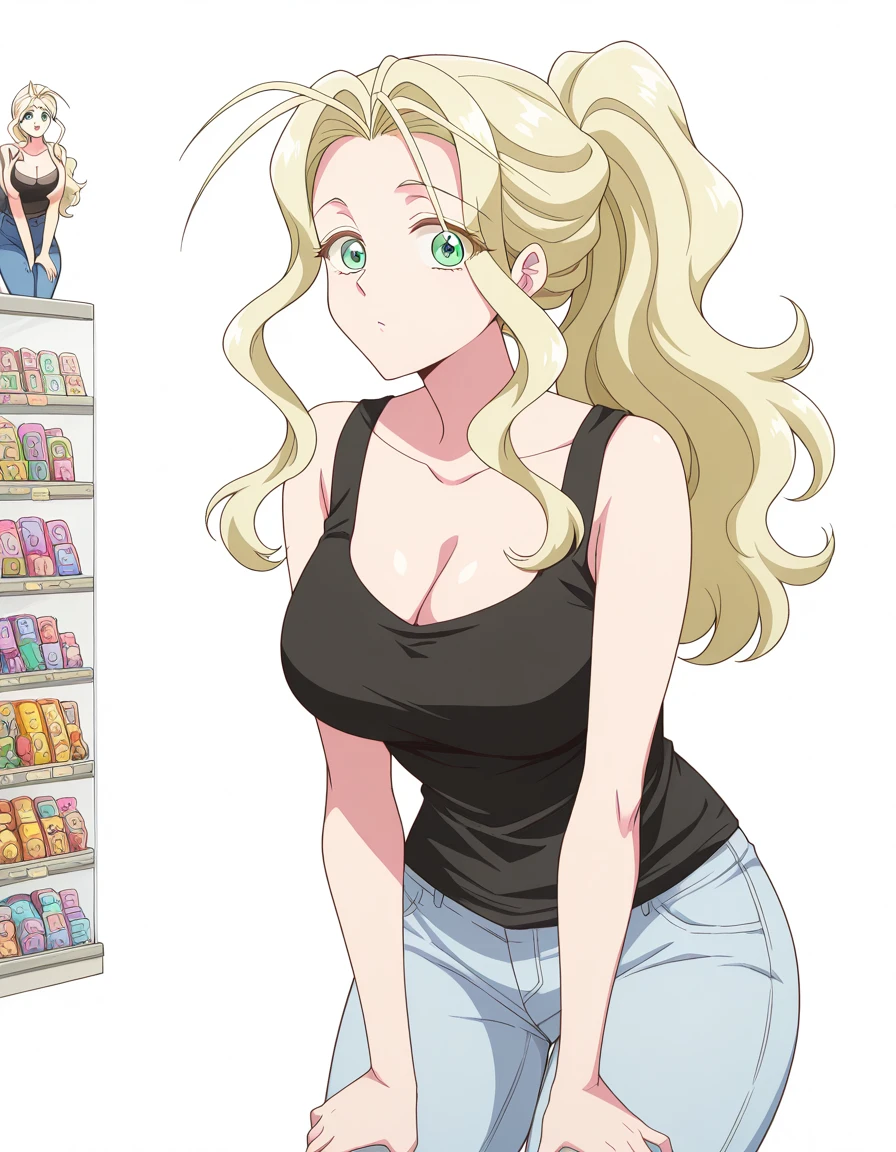 masterpiece, best quality, amazing quality,, <lora:yaomei-s1-illustriousxl-lora-nochekaiser:1>, yaomei, long hair, blonde hair, green eyes, hair antenna, ponytail, mature female, breasts, anime screencap, shirt, cleavage, collarbone, pants, black shirt, tank top, denim, jeans, black tank top, shorts, hands on own knees, sex shop, toys, privacy, items, unique, cowboy shot, solo, looking at viewer, <lora:transparent-background-illustriousxl-lora-nochekaiser:1>, transparent background, simple background, white background