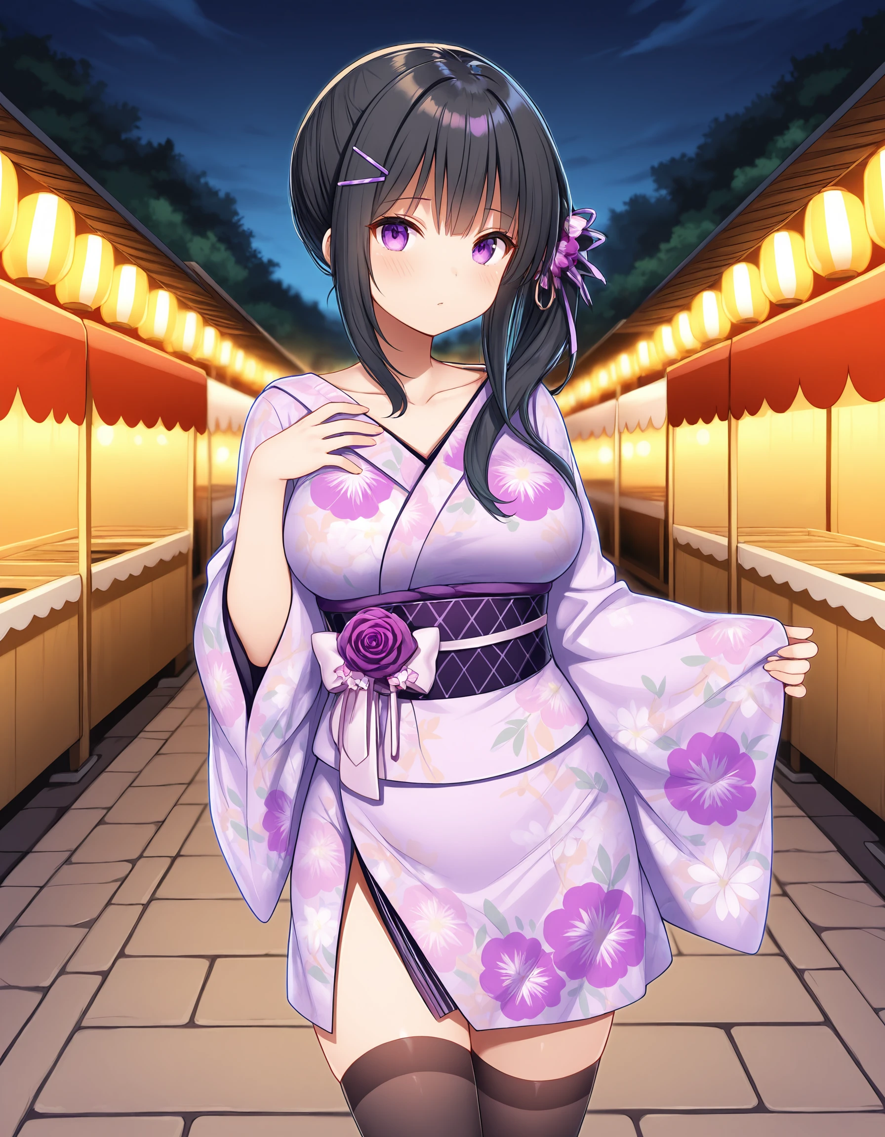 Photo taken at a festival at night,Photograph the whole body,Nagisa Kubo, One girl,Purple Hair,Purple eyes,Medium Hair,Twin tails,Big Breasts,Fully exposed breasts,Showing nipples,Pink nipples,Show your vagina,White floral pattern,yukata,Are standing