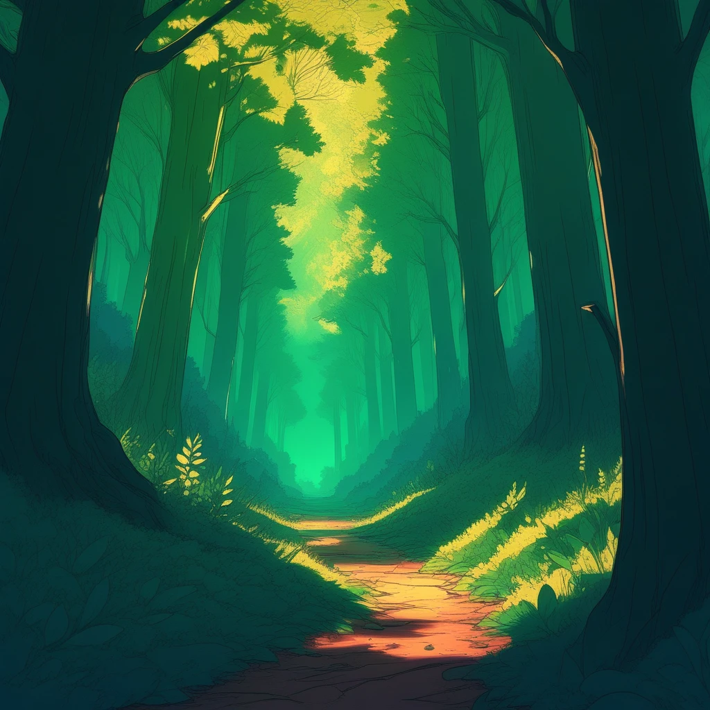 cel shaded forest, stylized leaves, simplified shadows, magical atmosphere, warm lighting, fantasy anime background, cel shading, comic book ink lines, soft gradient background, anime aesthetic, clean linework, flat tones, vibrant character design