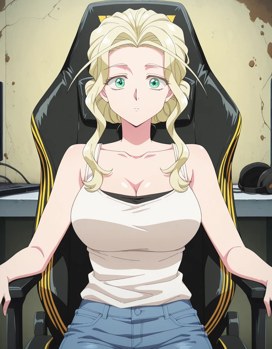 masterpiece, best quality, amazing quality,, <lora:yaomei-s1-illustriousxl-lora-nochekaiser:1>, yaomei, long hair, blonde hair, green eyes, hair antenna, single hair bun, mature female, breasts, anime screencap, shirt, cleavage, bare shoulders, collarbone, white shirt, sleeveless, pants, tank top, denim, jeans, white tank top, <lora:secretlab-chair-illustriousxl-lora-nochekaiser:1>, secretlab chair, chair, office chair, gaming chair, sitting, cowboy shot, elbow rest, trench, dirt, warfare, shelter, depth, cowboy shot, solo, looking at viewer,