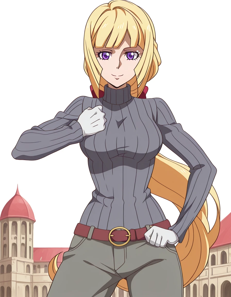 In anime A college girl Sexy young beautiful attractive beautiful popular yellow hair long manchon forehead pink bow her green eye dresses white blouse tied knot put green bow chest shows navel curve wide sexy and her green skirt short black heel 
