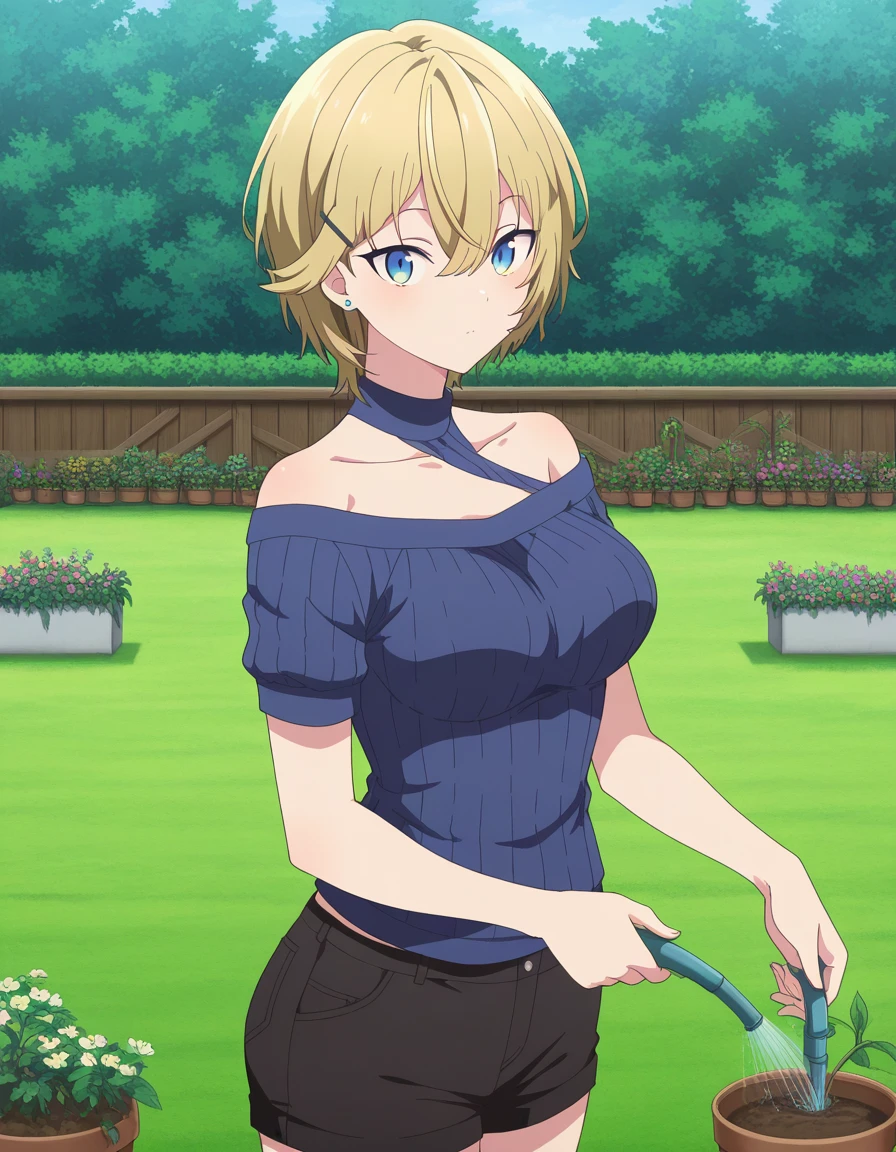 masterpiece, best quality, amazing quality,, <lora:ellie-evergreen-s1-illustriousxl-lora-nochekaiser:1>, ellie evergreen, short hair, blue eyes, blonde hair, hair ornament, hair between eyes, hairclip, mature female, breasts, anime screencap, shirt, jewelry, bare shoulder, collarbone, short sleeves, earrings, shorts, off shoulder, sweater, clothing cutout, short shorts, black shorts, blue shirt, blue sweater, from side, gardening, watering plants, backyard, flowers blooming, sunny day, cowboy shot, solo, looking at viewer,