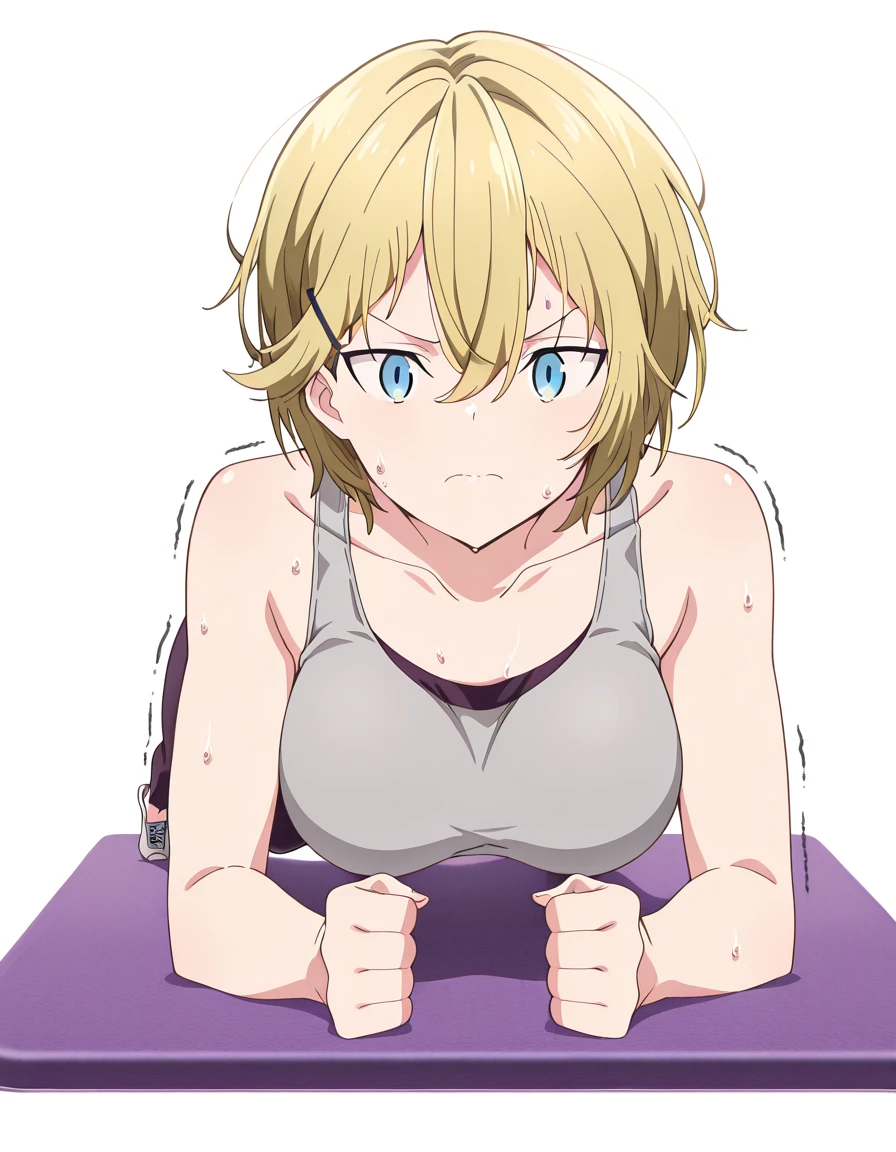 masterpiece, best quality, amazing quality,, <lora:ellie-evergreen-s1-illustriousxl-lora-nochekaiser:1>, ellie evergreen, short hair, blue eyes, blonde hair, hair ornament, hair between eyes, hairclip, mature female, breasts, anime screencap, <lora:planking-illustriousxl-lora-nochekaiser:1>, planking, exercising, yoga mat, yoga, yoga pants, trembling, struggling, sweat, sports bra,, , <lora:transparent-background-illustriousxl-lora-nochekaiser:1>, transparent background, simple background, white background