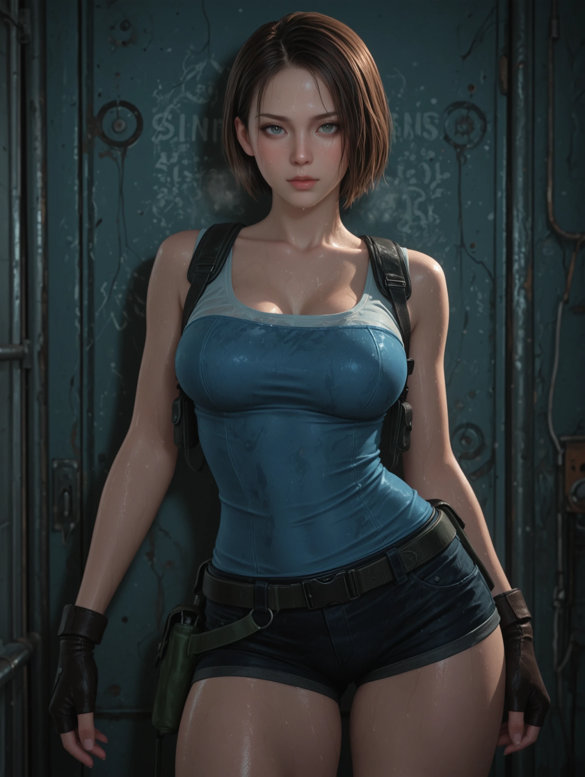 solo, looking at viewer, Jill Valentine, cowboy shot, masterpiece, best quality, amazing quality, very aesthetic, absurdres, sweat, wet, shiny skin, heavy breathing