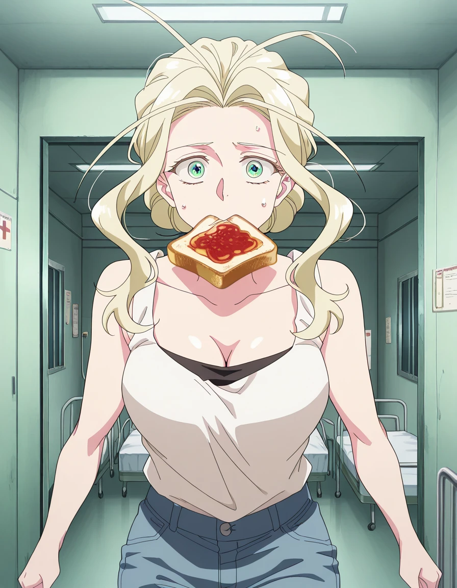 masterpiece, best quality, amazing quality,, <lora:yaomei-s1-illustriousxl-lora-nochekaiser:1>, yaomei, long hair, blonde hair, green eyes, hair antenna, single hair bun, mature female, breasts, anime screencap, shirt, cleavage, bare shoulders, collarbone, white shirt, sleeveless, pants, tank top, denim, jeans, white tank top, <lora:food-in-mouth-running-illustriousxl-lora-nochekaiser:1>, food in mouth running, food in mouth, running, bread, bread slice, food, toast in mouth, toast, sweatdrop, motion lines, motion blur, outdoors, straight-on, hospital room, bedside, get well flowers, comforting, quiet, cowboy shot, solo, looking at viewer,