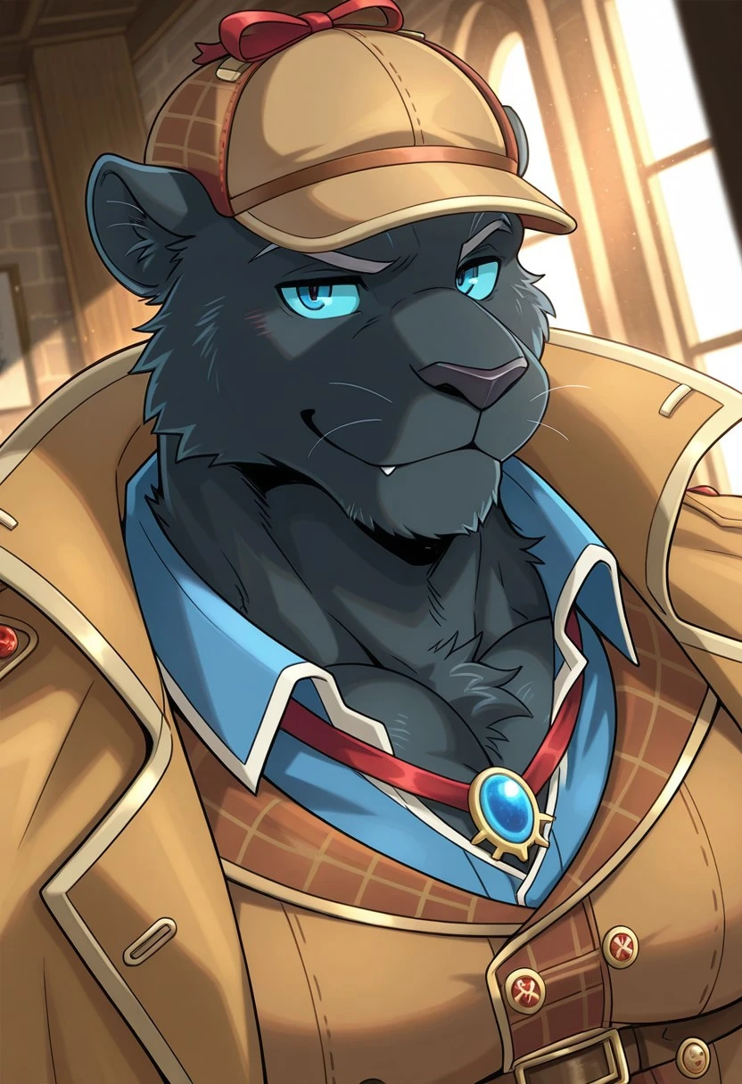 GranruthCS, solo, furry, panther, tail, perfect eyes, blue sclera, blue eyes, smirk, muscular, mature, large pectorals, dynamic angle, face focus, portrait, close up, brown collared coat, open coat, detective, blue collared shirt, detective hat, unparalleled masterpiece, amazing quality, best quality, high resolution, extremely-detailed, beautiful, high detail, very aesthetic, depth of field, subsurface scattering, detailed background, detailed fur, detailed muscles, cinematic lighting, RAW candid cinema, side angle