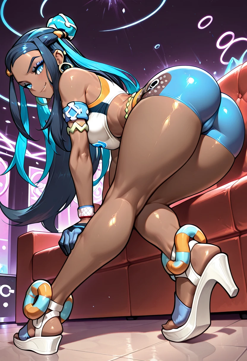 masterpiece, best quality, solo, curvy, beautiful eyes, narrow waist, wide , 1girl, solo, smile, looking at viewer, foreshortening, close up,    zzNessa, dark skin, makeup, single hair bun, crop top, single glove, spandex shorts, hoop earrings, belly chain, armlet, wristband, shiny skin, sitting, high heels, sandals, foot focus,    , <lora:NessaPokemonZAP_IXL:1.0>, , hands on knees, side view, flirty smile, cowboy shot, looking at viewer,