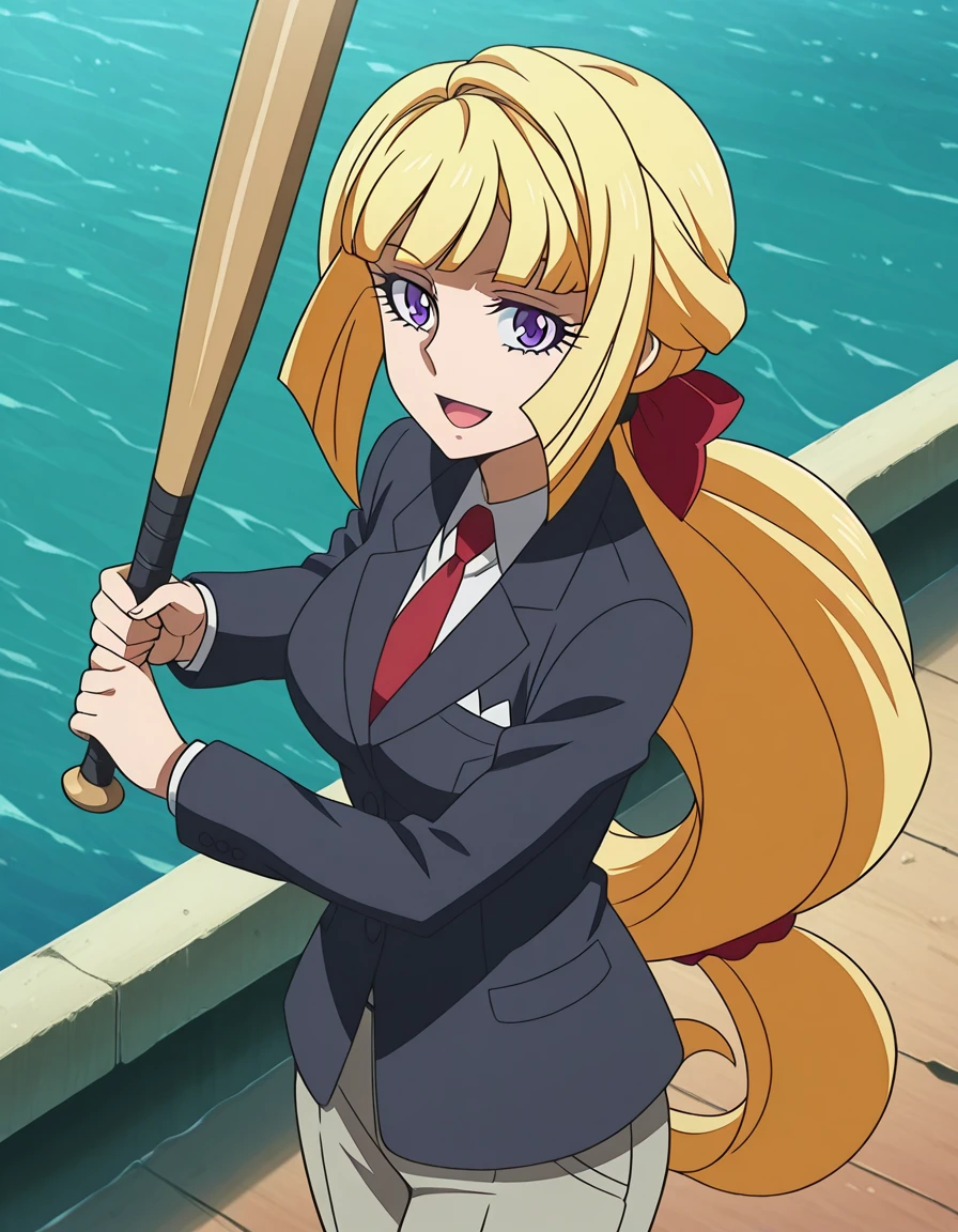 masterpiece, best quality, amazing quality,, <lora:kudelia-aina-bernstein-anime-illustriousxl-lora-nochekaiser:1>, kudelia aina bernstein, purple eyes, long hair, blonde hair, bangs, blunt bangs, low-tied ponytail, hair bow, red bow, mature female, medium breasts, anime screencap, necktie, blazer, formal, suit, red necktie, pants,, <lora:batting-stance-illustriousxl-lora-nochekaiser:1>, batting stance, looking at viewer, smile, open mouth, baseball bat, holding baseball bat, jetty, water, boats, dock, narrow, cowboy shot, solo, looking at viewer,