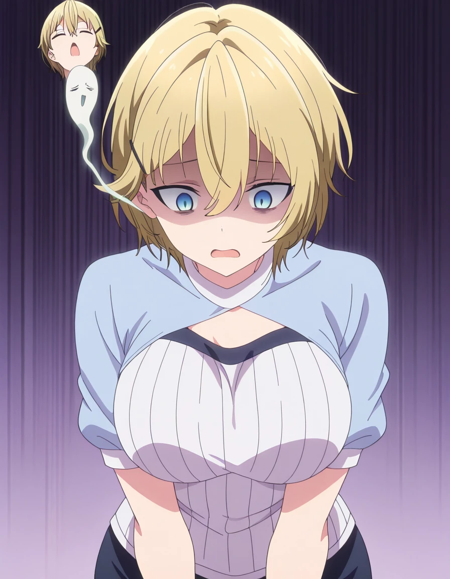 masterpiece, best quality, amazing quality,, <lora:ellie-evergreen-s1-illustriousxl-lora-nochekaiser:1>, ellie evergreen, short hair, blue eyes, blonde hair, hair ornament, hair between eyes, hairclip, mature female, breasts, anime screencap, <lora:giving-up-the-ghost-illustriousxl-lora-nochekaiser:1>, giving up the ghost, solo, open mouth, ghost, slouching, shaded face, looking down, closed eyes, cowboy shot, ,