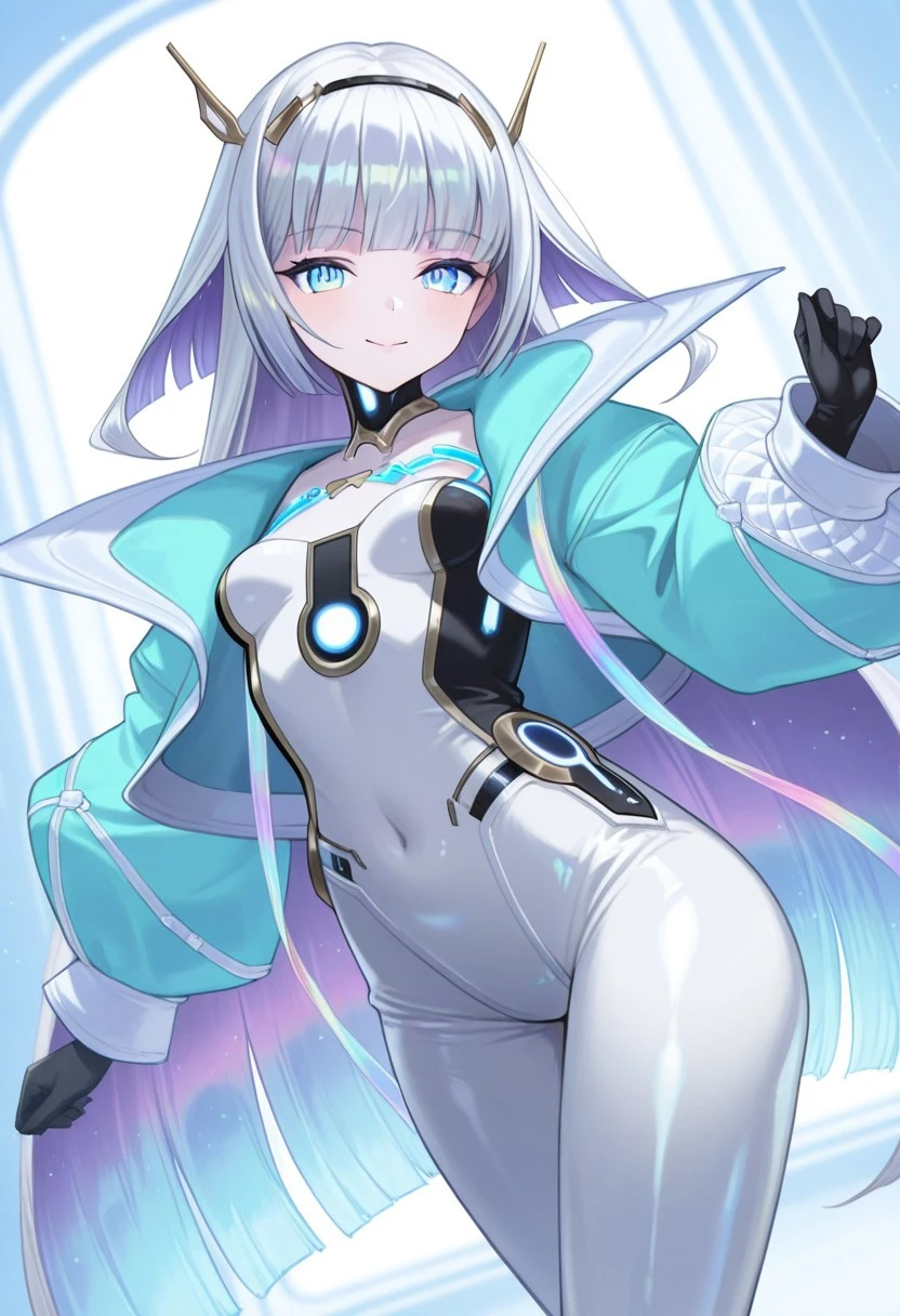 masterpiece, best quality, good quality, dynamic angle,1girl, Eudie_SDV, solo, white skins, blue eyes, silver hair, iridescent hair, long hair, white bodysuit, covered navel, jacket, black gloves, smile, looking at viewer, skin tight,